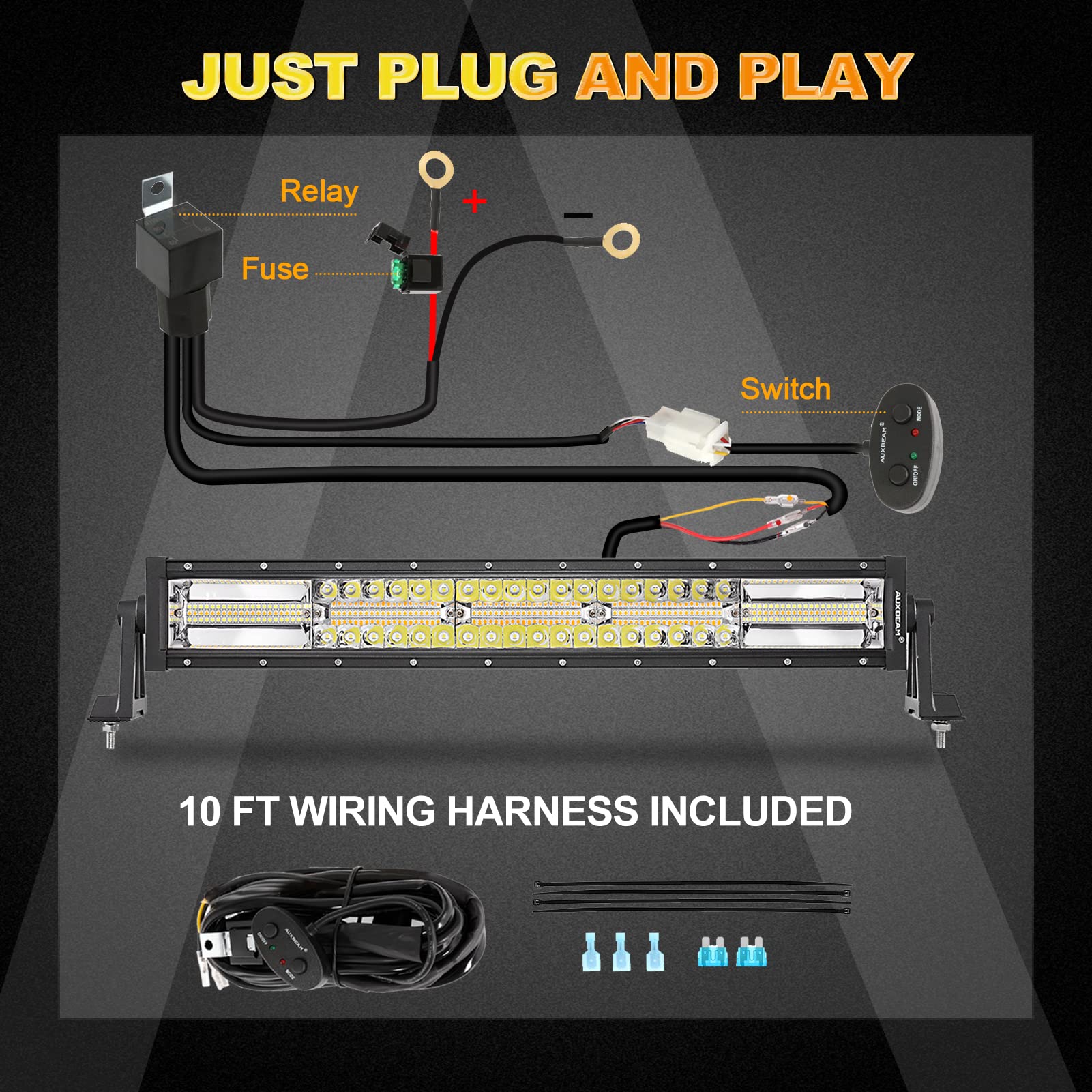 Auxbeam 22 Inch 120W LED Light Bar - 6 Modes Amber/White Strobe, Dual Color Flood Spot Combo Fog Light with 10FT Wiring Harness - Perfect for Off-Road Driving, Work Lights on Trucks, Boats, Tractors, ATVs, UTVs, Jeeps & Pickups