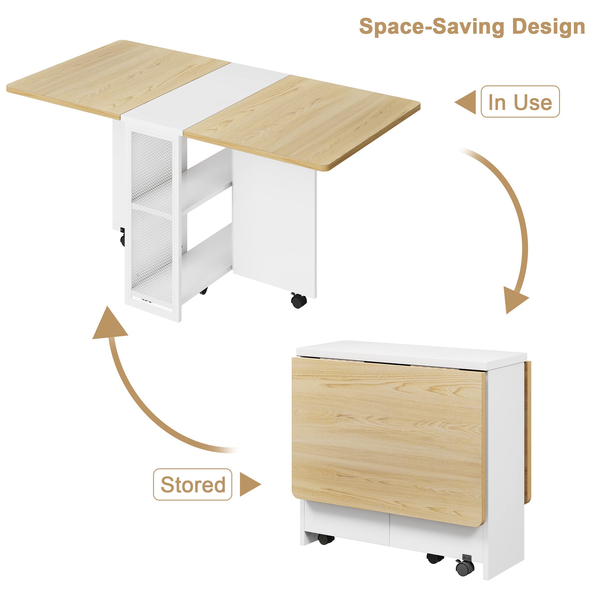 Alkmaar Folding Dining Table - Space Saving Drop Leaf Table for Small Spaces | Collapsible Kitchen, Office & Dining Room Furniture with 4 Storage Racks | Perfect for Apartments, Studios & Multi-Functional Spaces