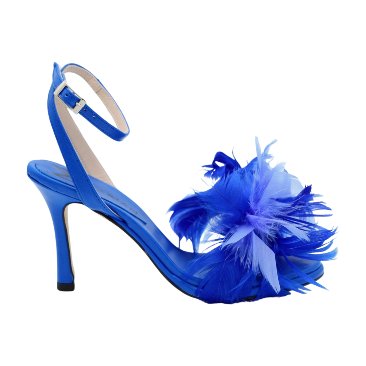 MARIAN Royal Blue Heeled Sandals with Feathers - Women's Elegant Evening Party Shoes for Weddings, Prom, and Special Occasions