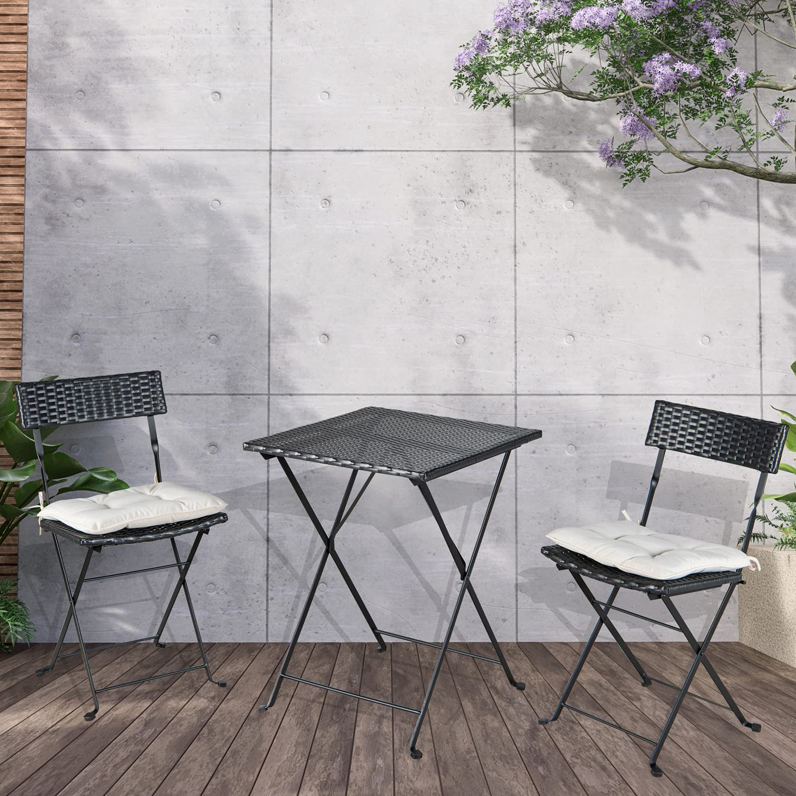 3-Piece Outdoor Patio Furniture Set - Folding PE Rattan Bistro Table with 2 Cushioned Chairs, Steel Frame (Black) - Perfect for Balcony, Garden, Backyard & Outdoor Dining