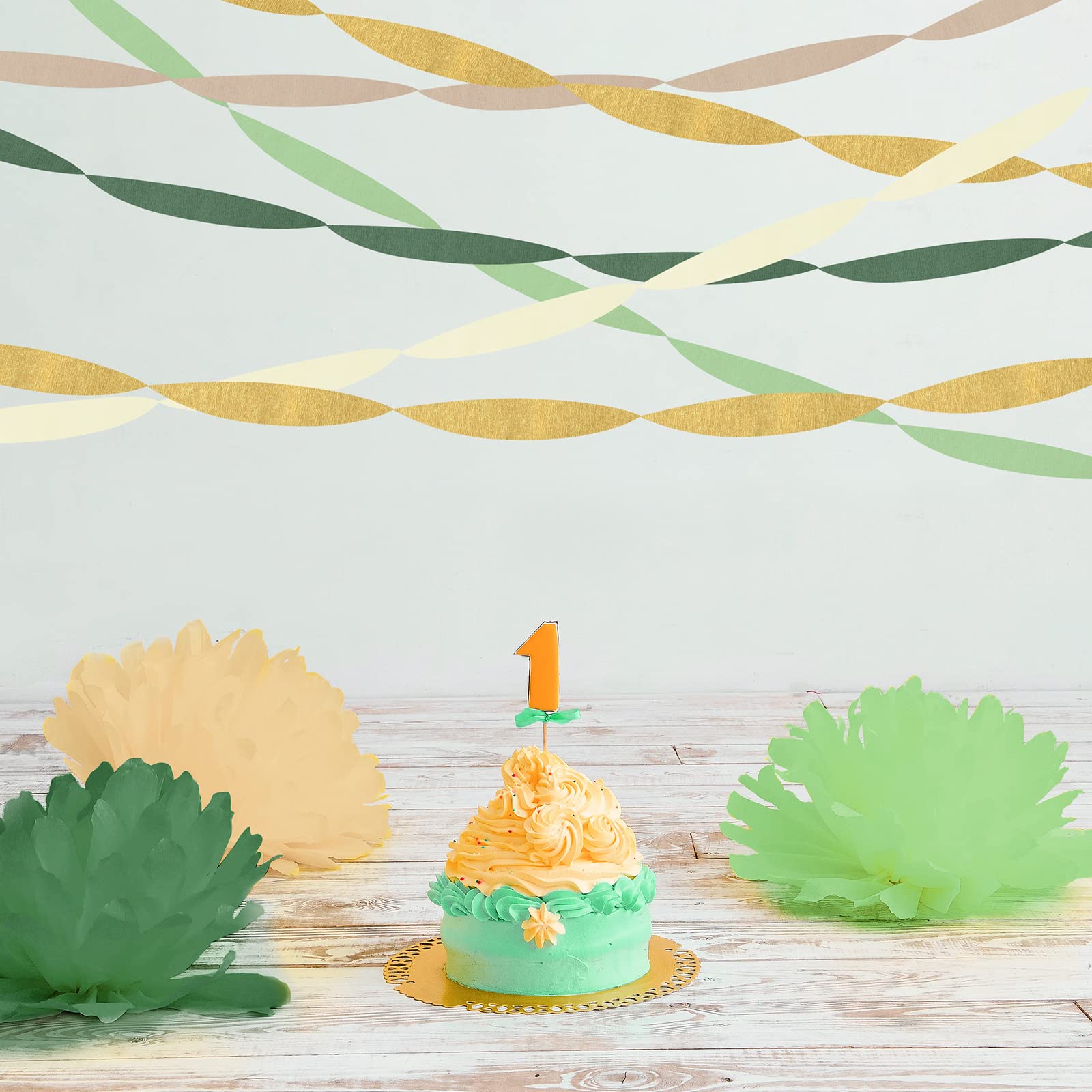 Kisston Crepe Paper Streamers - 10 Rolls (820 Ft) Bulk Pack for Wedding, Baby Shower & Birthday Party Decorations - Green, Sage Green, Gold, White, Brown - Perfect for DIY Backdrops, Ceiling Decor & Photo Booth Accents