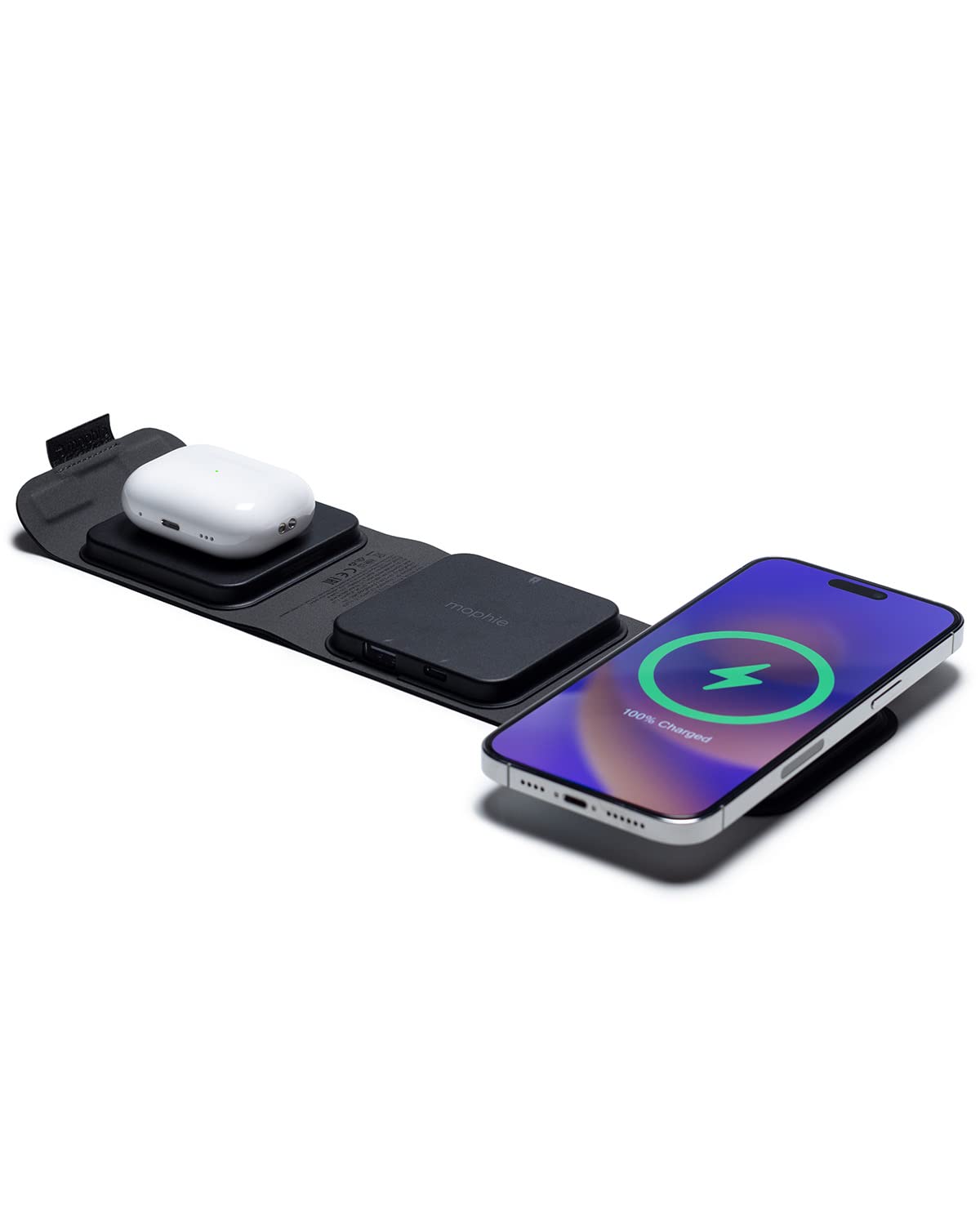 mophie 3-in-1 Magnetic Wireless Charging Station - Fast Qi-Certified Charger for iPhone 15/14/13, Samsung Galaxy, AirPods & More | Portable Travel Charging Pad for Home, Office & Car (Watch Charger Not Included)