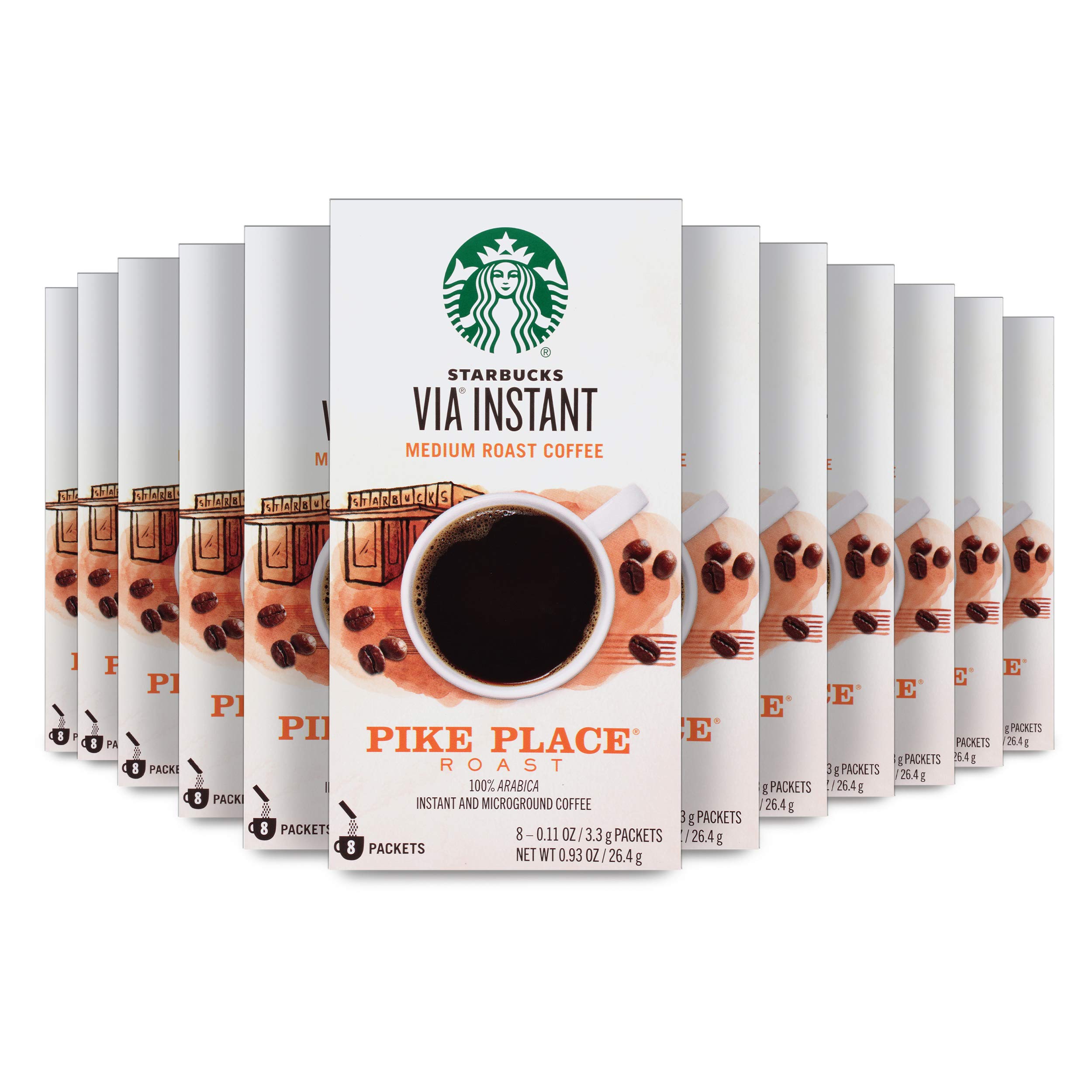 Starbucks VIA Instant Coffee Medium Roast - Pike Place Roast 100% Arabica - 8 Count (Pack of 12) & 50 Packets Bulk - Perfect for Office, Travel & Camping