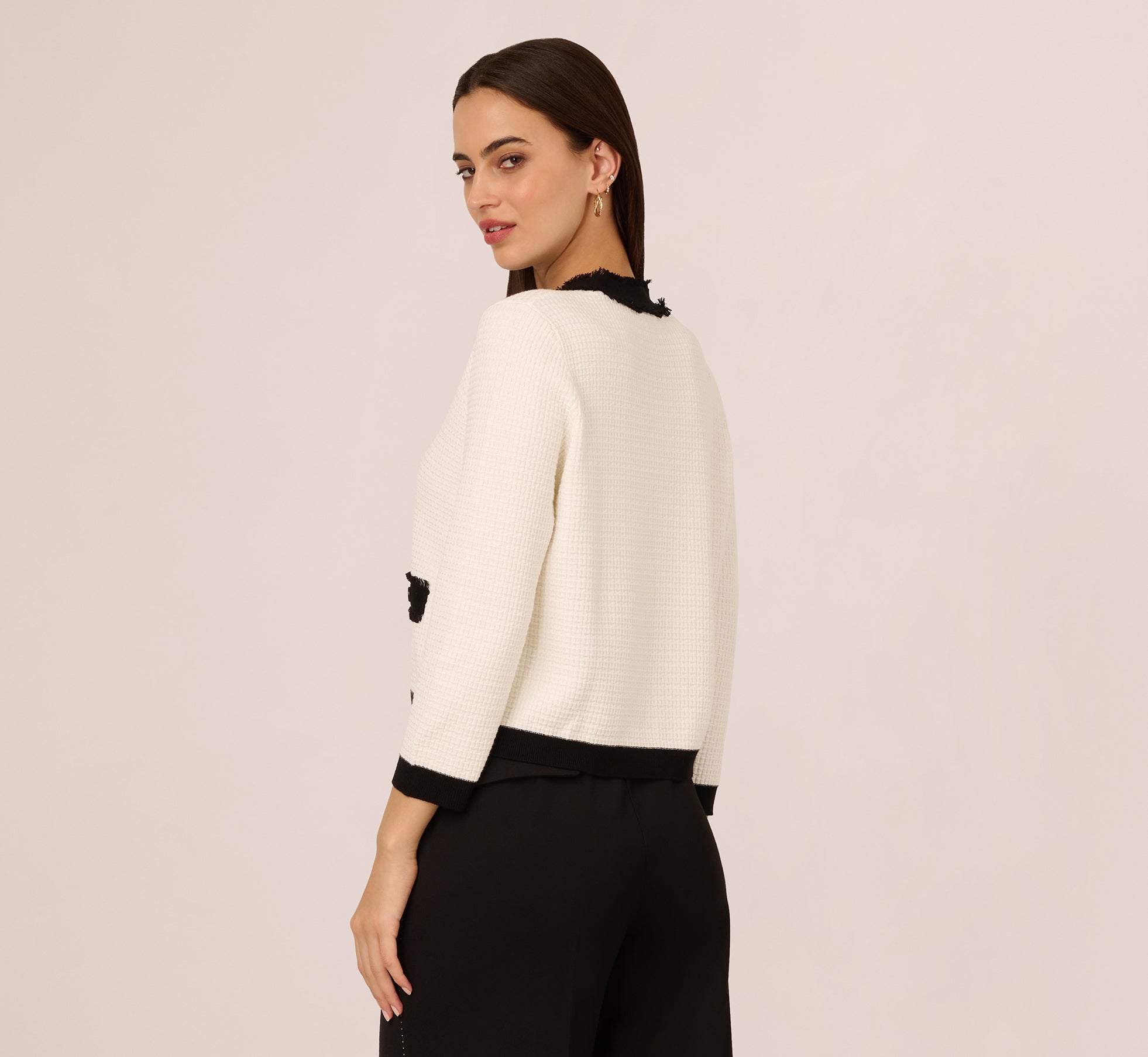 Stylish Waffle Knit Fringe Trim Cardigan - Ivory & Black Colors | Perfect for Fall Layering, Casual Outfits & Cozy Home Wear