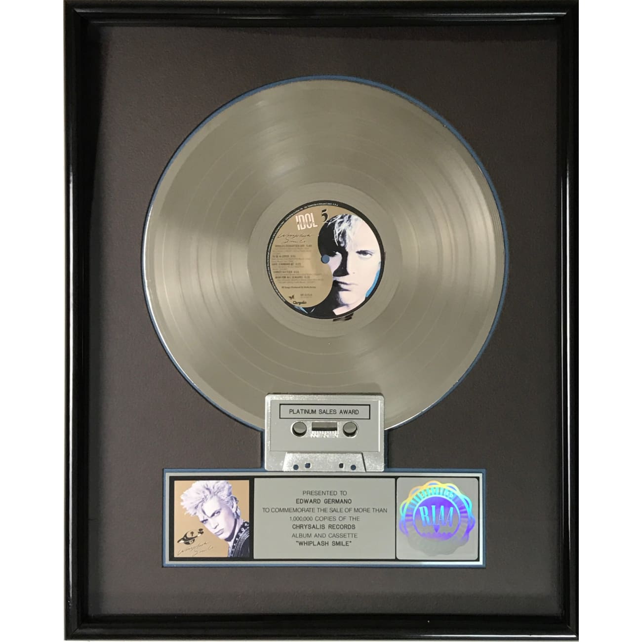 Billy Idol Whiplash Smile RIAA Platinum Album Award - Vintage Music Collectible for Fans & Home Decor