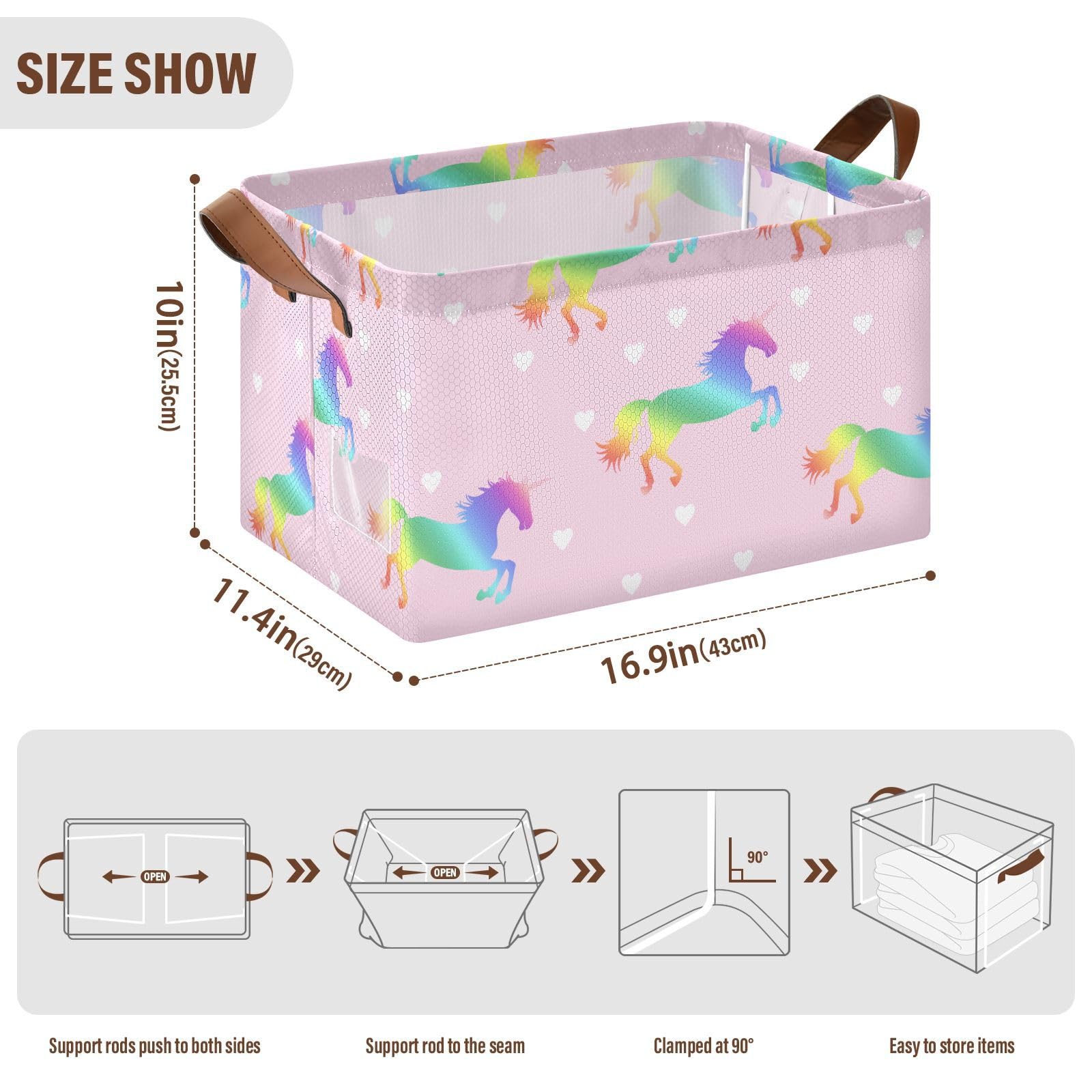 Emelivor Hearts Rainbow Unicorns Storage Bins - Foldable Organizer Baskets with Handles for Shelves, Dorm, Office, Nursery & Closet - Perfect for Books, Toys & Home Organization
