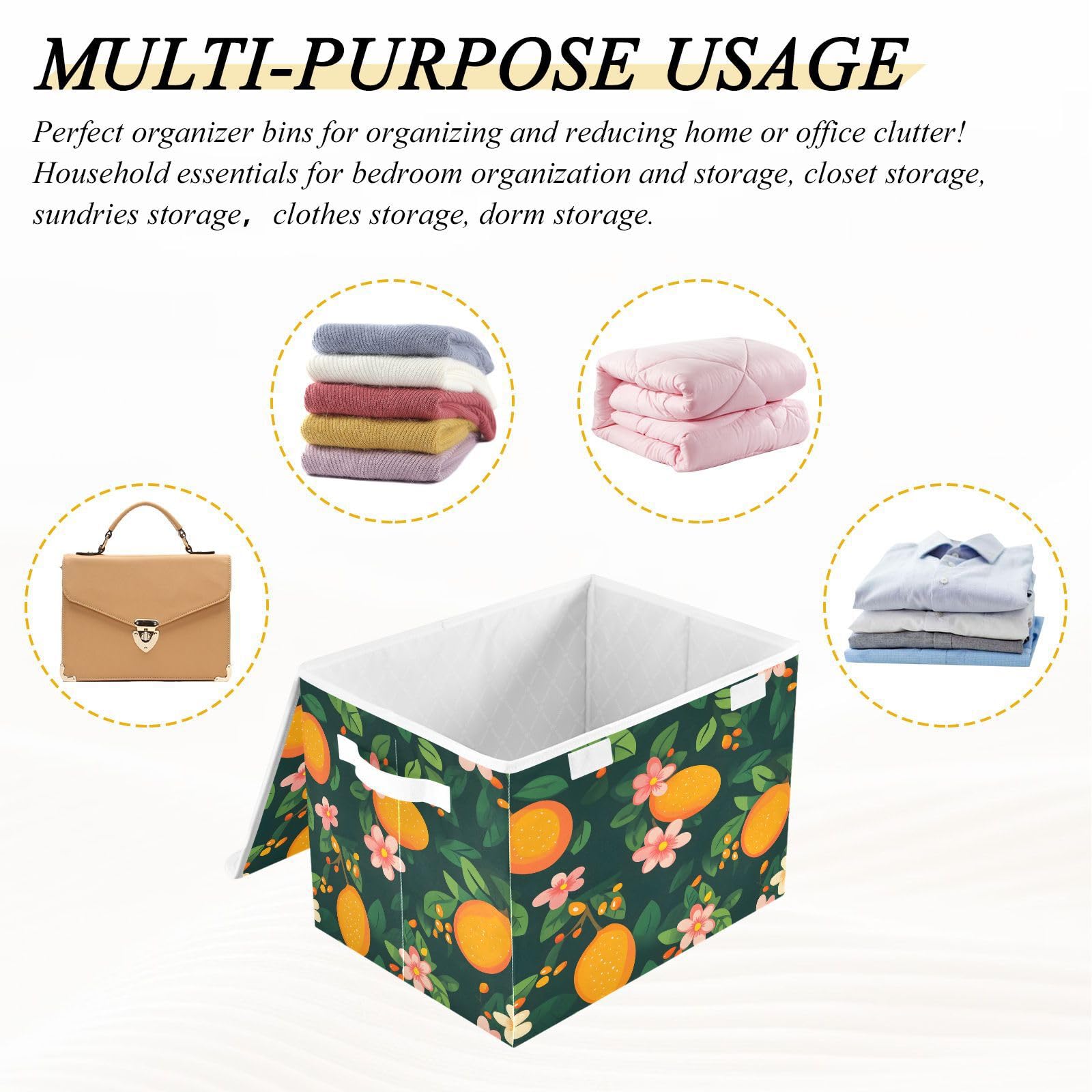 Mango Flower Leaf Pattern Foldable Fabric Storage Bins with Lids - Collapsible Organizer Box for Home, Bedroom, Closet & Office - Perfect for Clothes, Toys, Blankets & Seasonal Storage