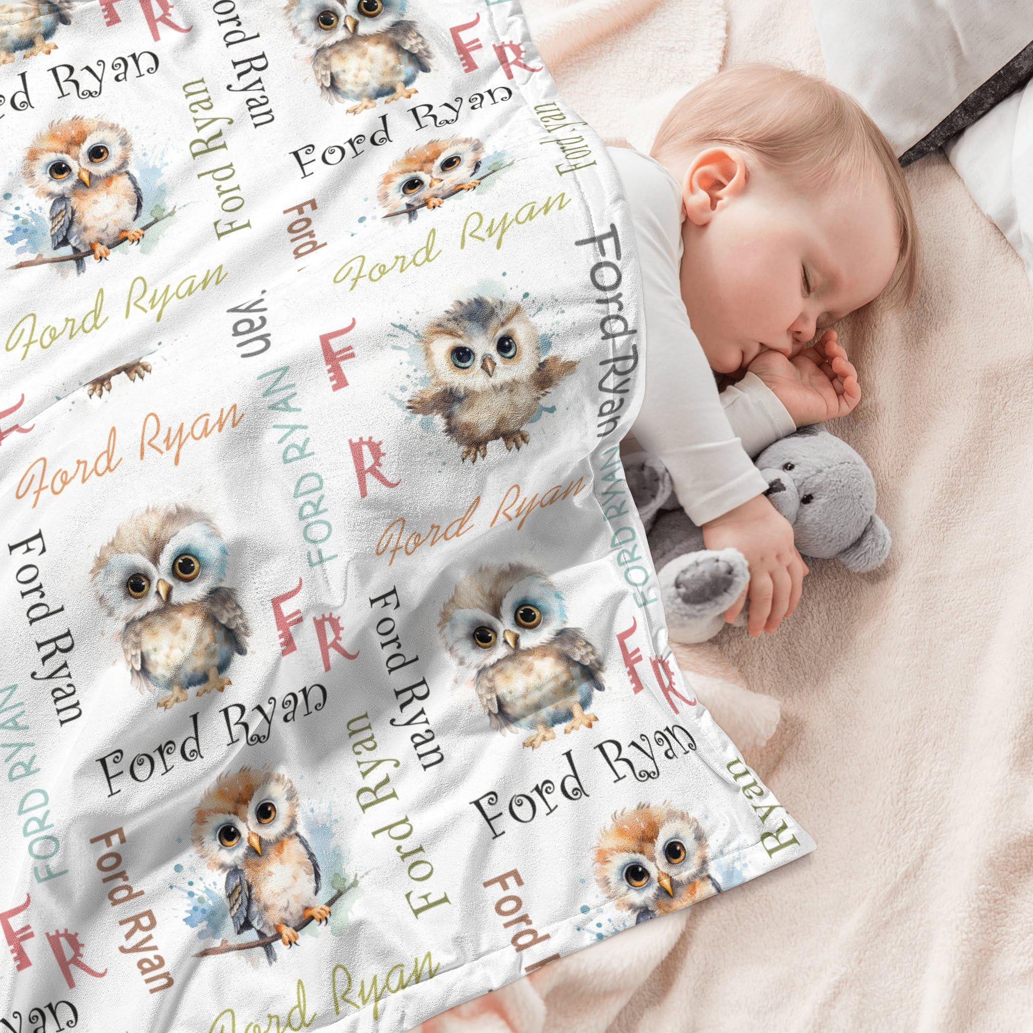 Personalized Baby Blankets for Boys & Girls - Custom Name Embroidered Soft Receiving Blanket with Owl Design | Perfect for Nursery, Christening Gifts & Newborn Photo Shoots