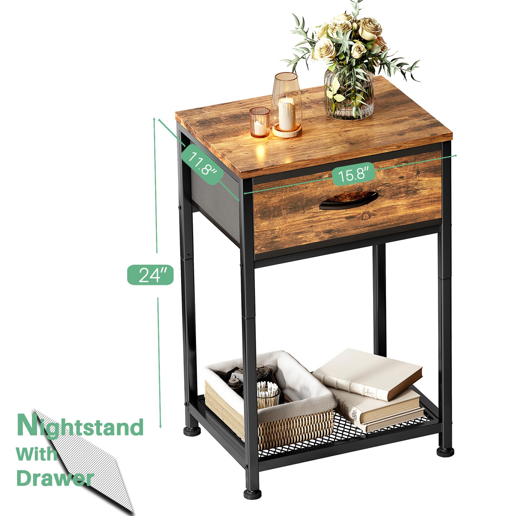 Kitstorack Night Stands Set of 2 - Rustic Brown Wood End Tables with Drawer for Bedroom, Living Room & Office - Modern Bedside Nightstands for Home Decor
