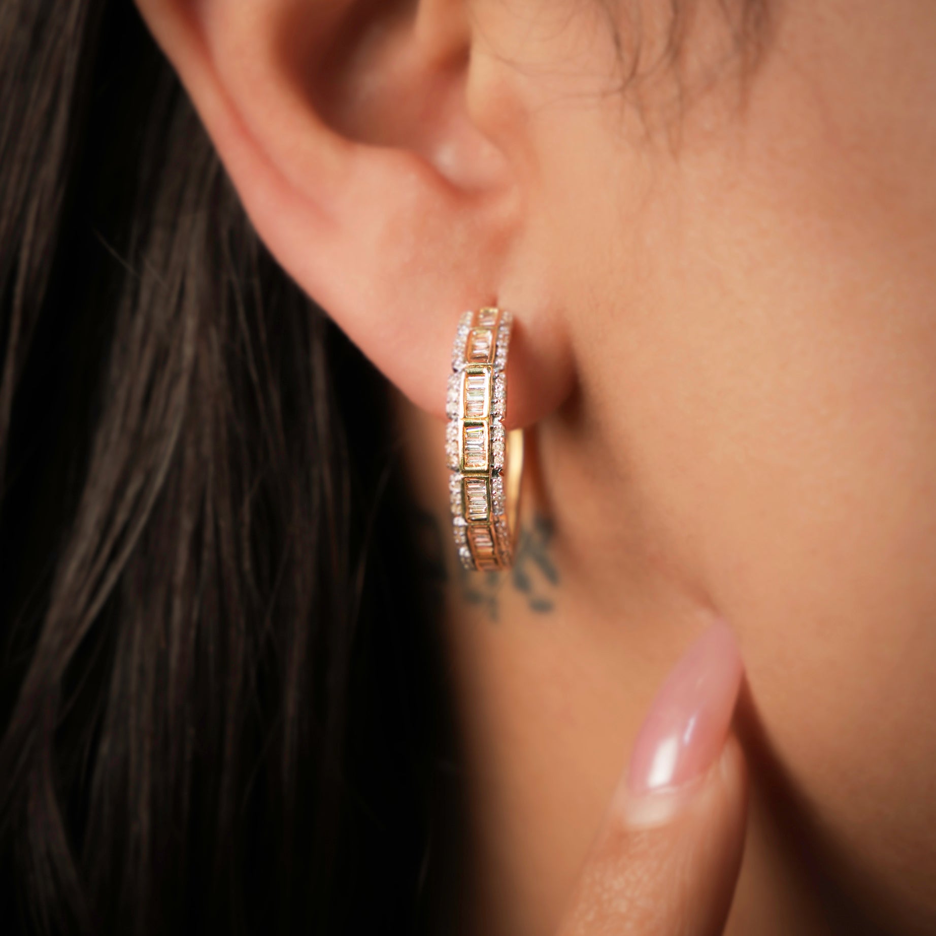 14K Yellow Gold Baguette Diamond Hoop Earrings 1 Inch - Dainty Luxury Stud Earrings for Women - Perfect for Weddings, Parties & Everyday Elegance