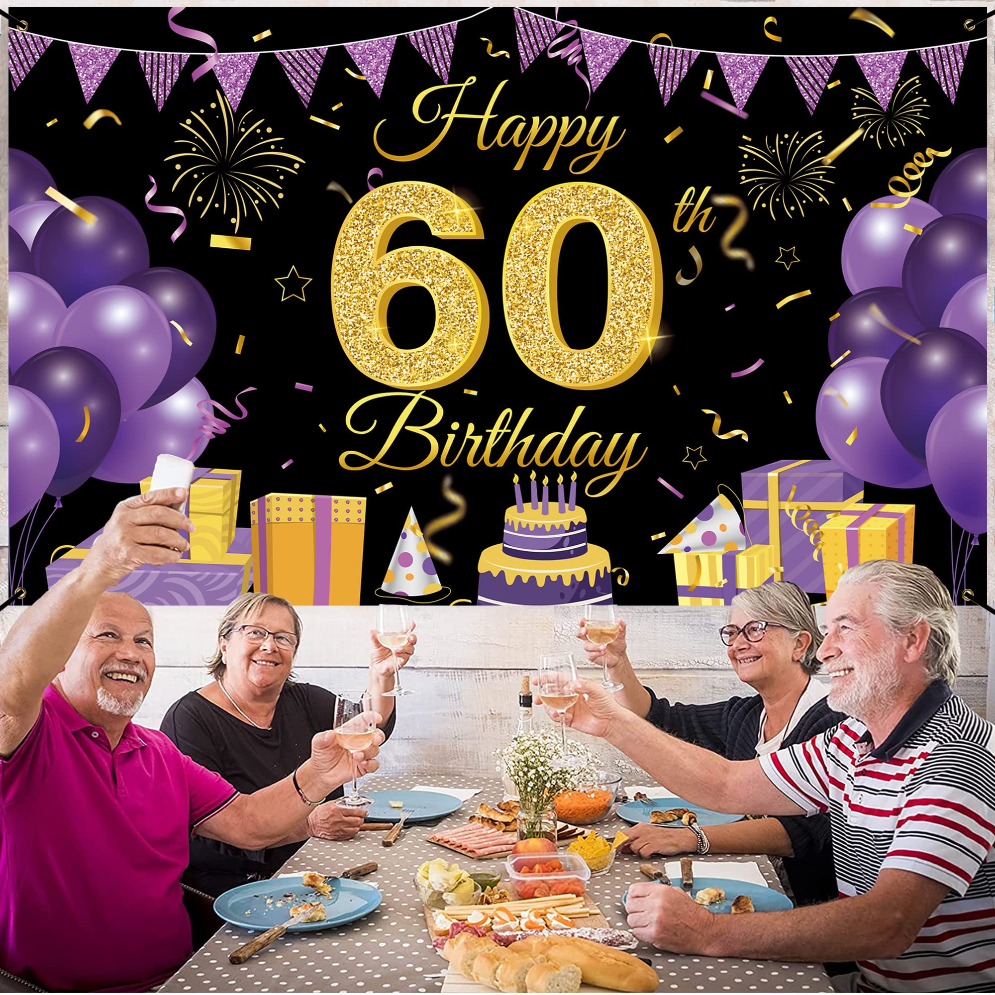 Happy 60th Birthday Backdrop Banner - 70.86” x 43.3” Purple & Black Party Decor - Cheers to 60 Years Photo Booth Props, Yard Sign & Balloon Decorations - Perfect for Birthday Parties, Anniversary Celebrations & Photo Backdrops