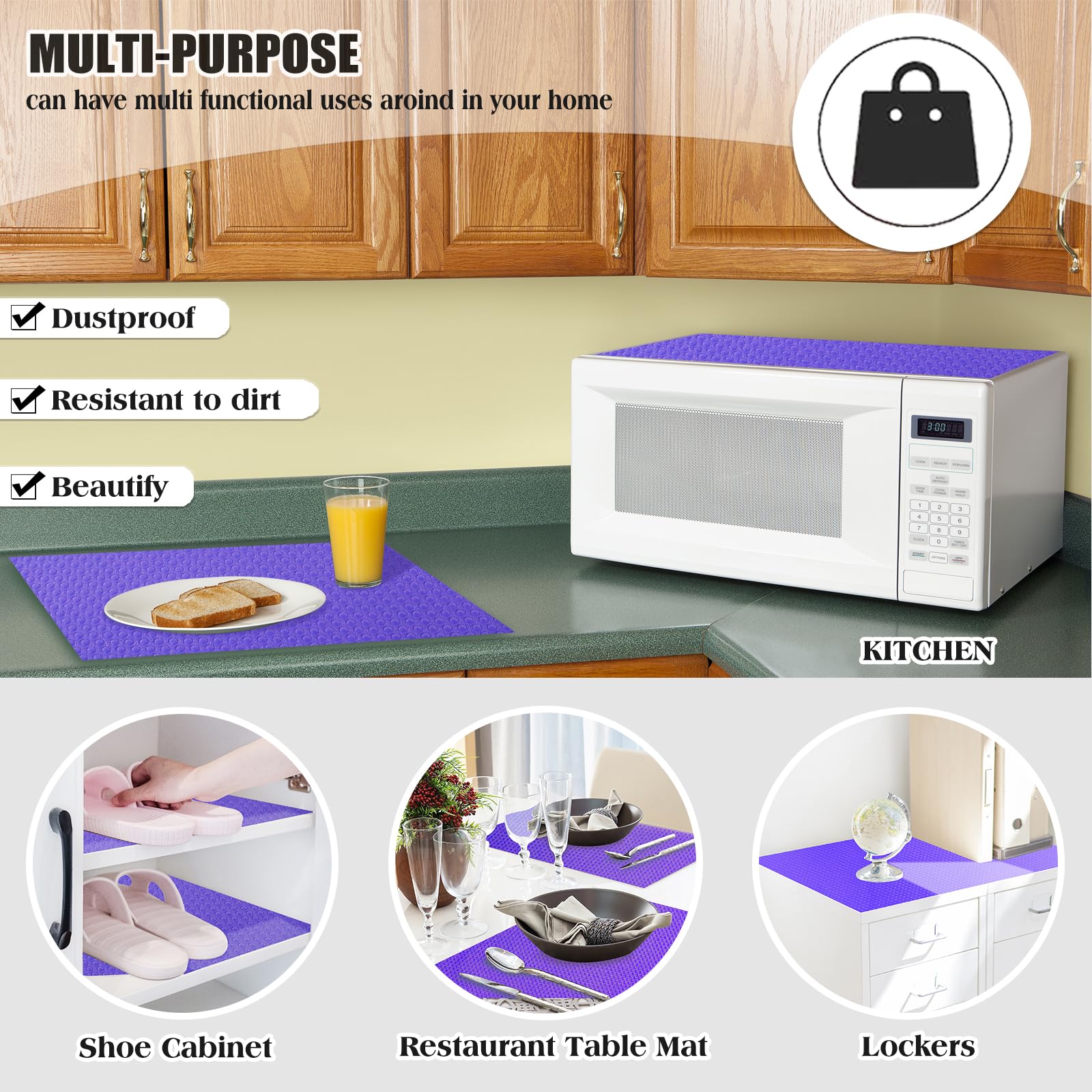 10-Pack Washable Refrigerator Liners & Shelf Mats - Non-Slip Fridge Pads for Cabinet, Drawer & Kitchen Organization (Purple) - Perfect for Food Storage & Spill Protection
