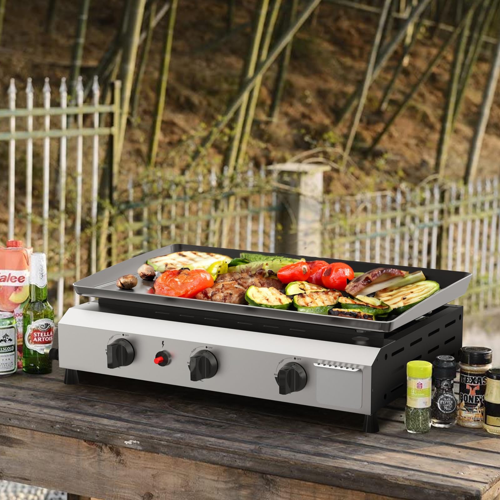 SKOK 3 Burner Gas Griddle - 23.3 Inch Outdoor Propane Griddle with 30,000 BTU - Portable Flat Top Gas Grill for Camping, Backyard BBQ & Tailgating - Perfect for Outdoor Cooking, Patio Parties & RV Adventures
