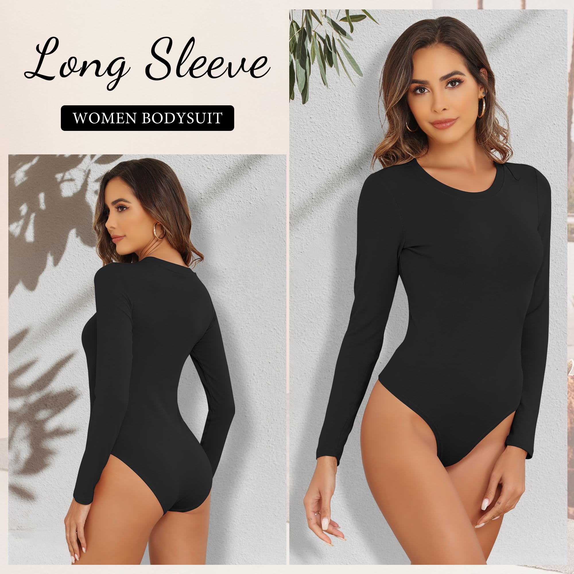 BVNSOZ Women's 4/5 Pack Stretchy Long Sleeve Bodysuit Tops - Soft Round Neck Basic Layering Piece for Fall & Winter, Perfect for Work, Date Night and Casual Outfits
