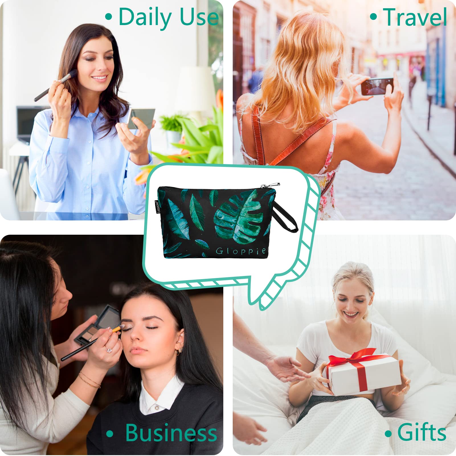 Gloppie Small Makeup Bag for Women - Waterproof Zipper Cosmetic Pouch for Purse Essentials, Sunscreen & Travel Toiletries - Green Leaves Design - Perfect for Daily Use, Travel & Gift Giving