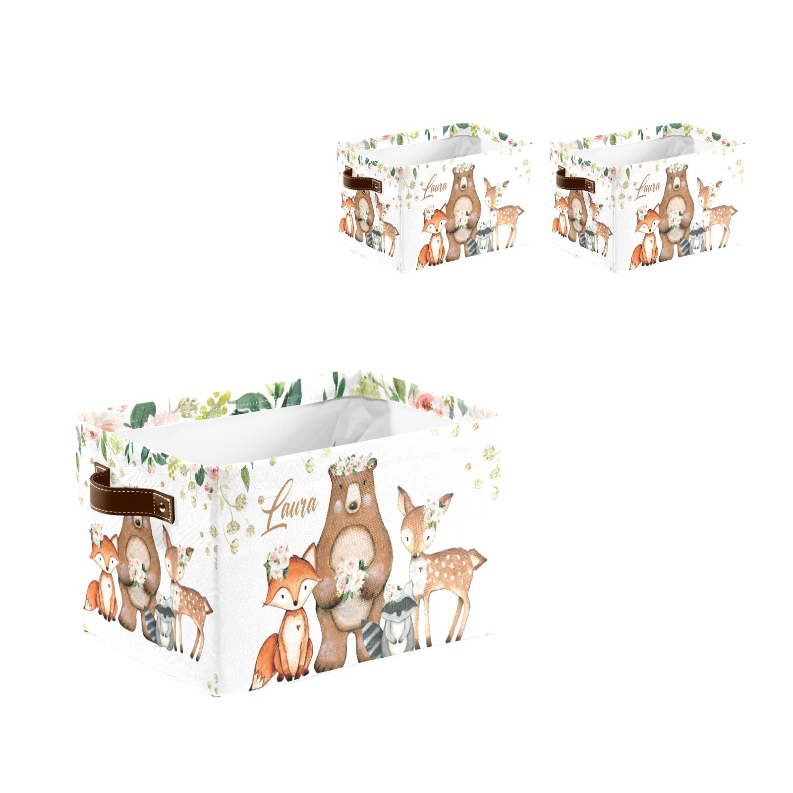 Custom Personalized Pink Floral Animal Print Storage Bins with Handles - 2 Pack Organizer Boxes for Shelves, Closet & Home Decor | Perfect for Kids Room, Nursery & Toy Organization