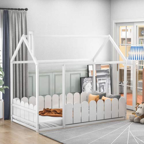 Wood Twin Bed Frame with Fence - Cabin Floor Bed for Kids Nursery & Playroom
