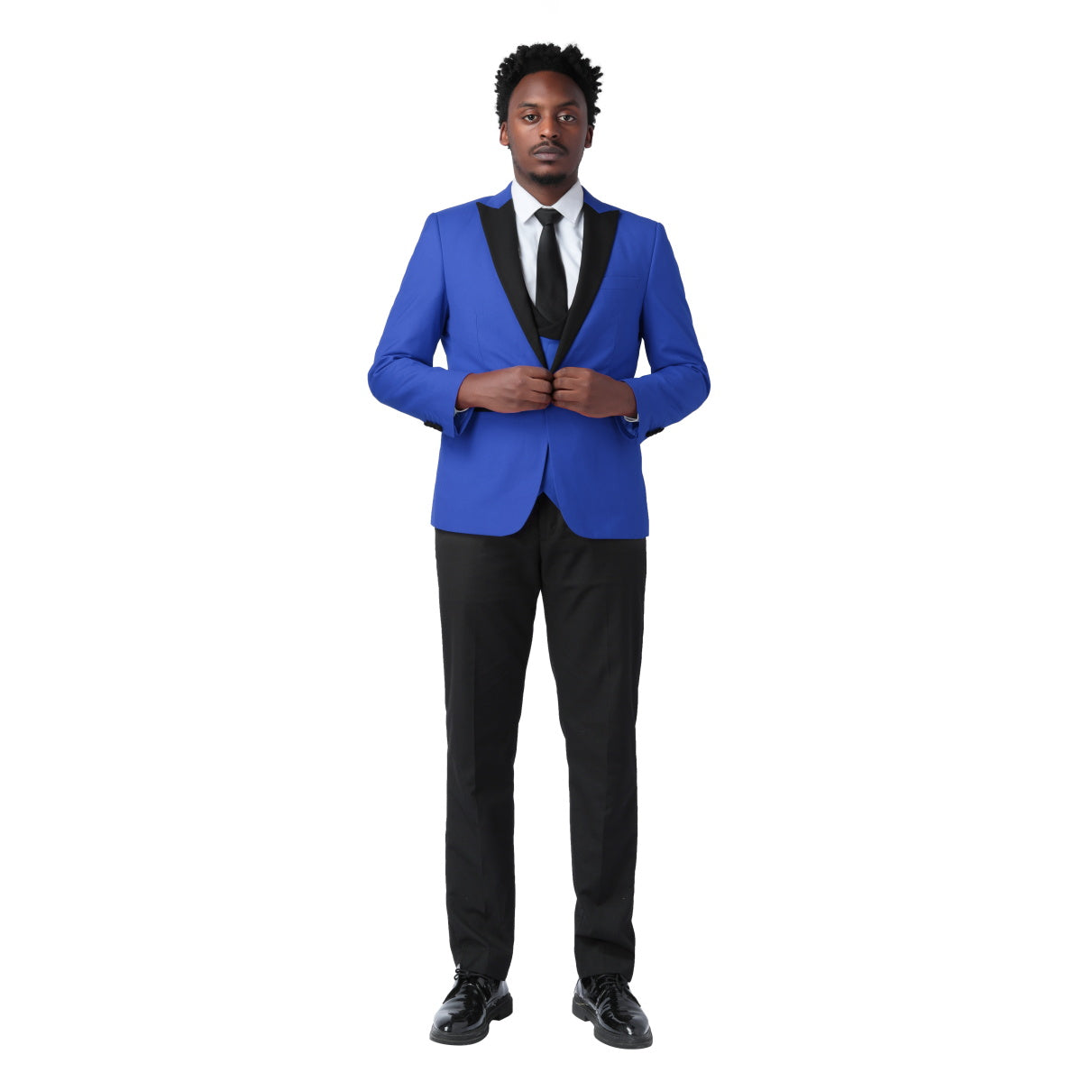 3 Piece Men's Slim Fit One Button Peaked Lapel Tuxedo Suit in Navy Blue | Formal Wedding, Prom & Business Attire