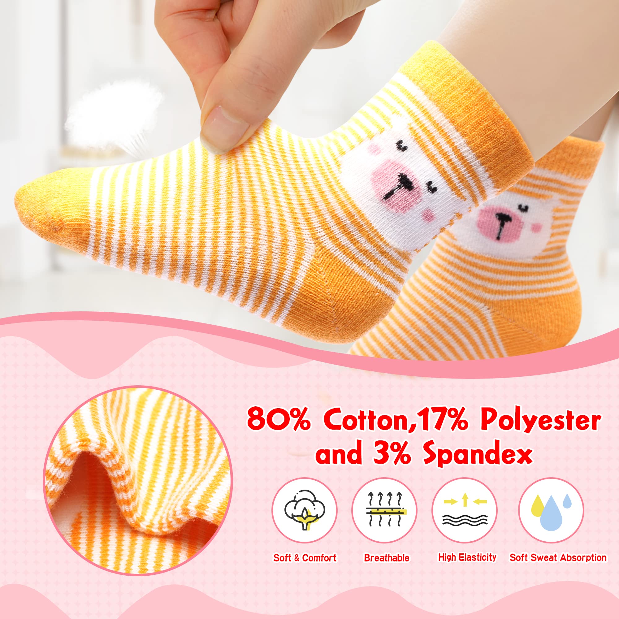 HYzgb Non-Slip Toddler Socks for Boys & Girls 1-7 Years | 12 Pairs Cotton Crew Socks (12-24 Months) | Perfect for Playtime, Daycare & First Steps