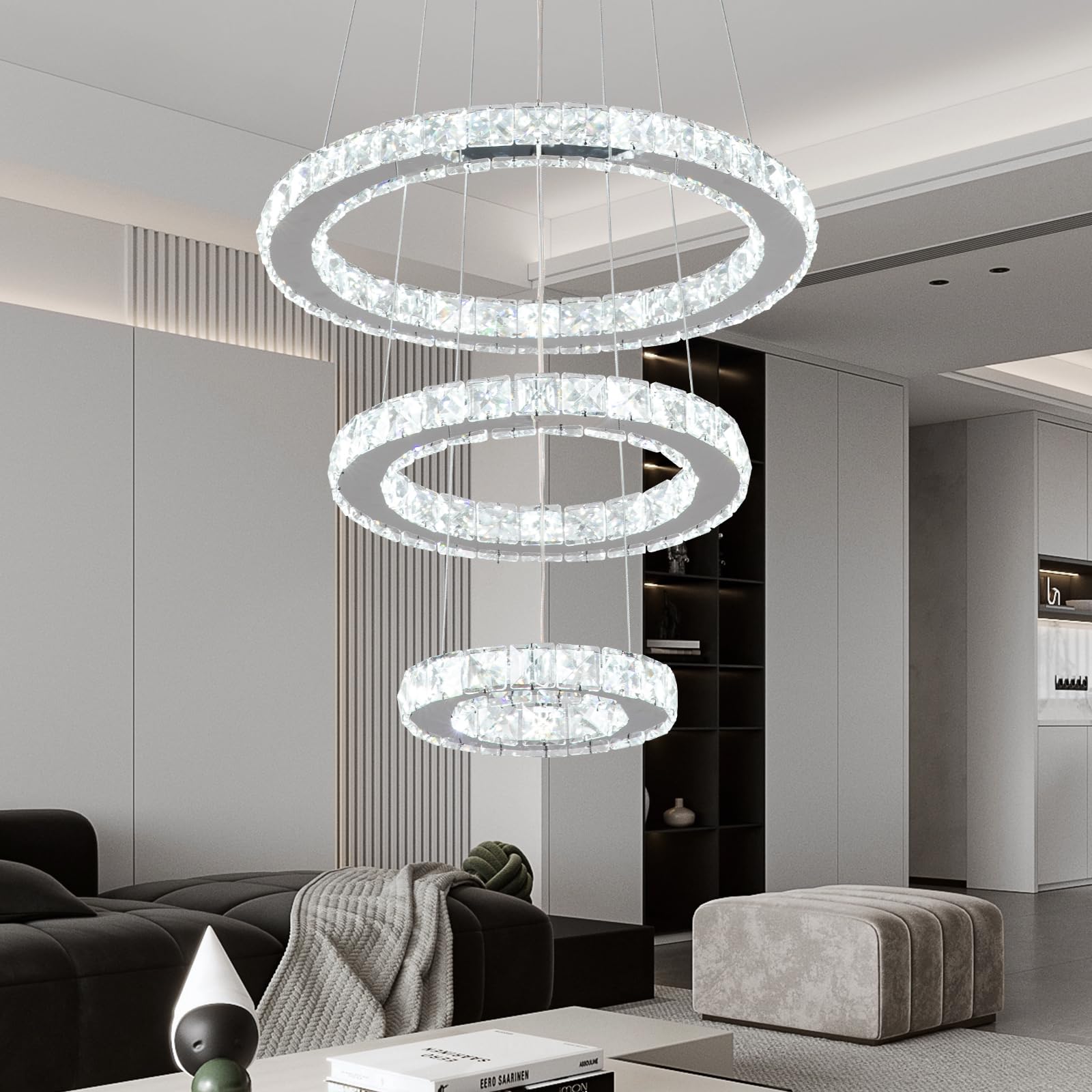 Buccleuch 3-Ring Adjustable Dimmable LED Crystal Chandelier - Stainless Steel Ceiling Light Fixture with Silver Crystals for Dining Room, Bedroom, Living Room - Perfect for Elegant Home Decor & Romantic Ambiance Lighting - ETL Certified