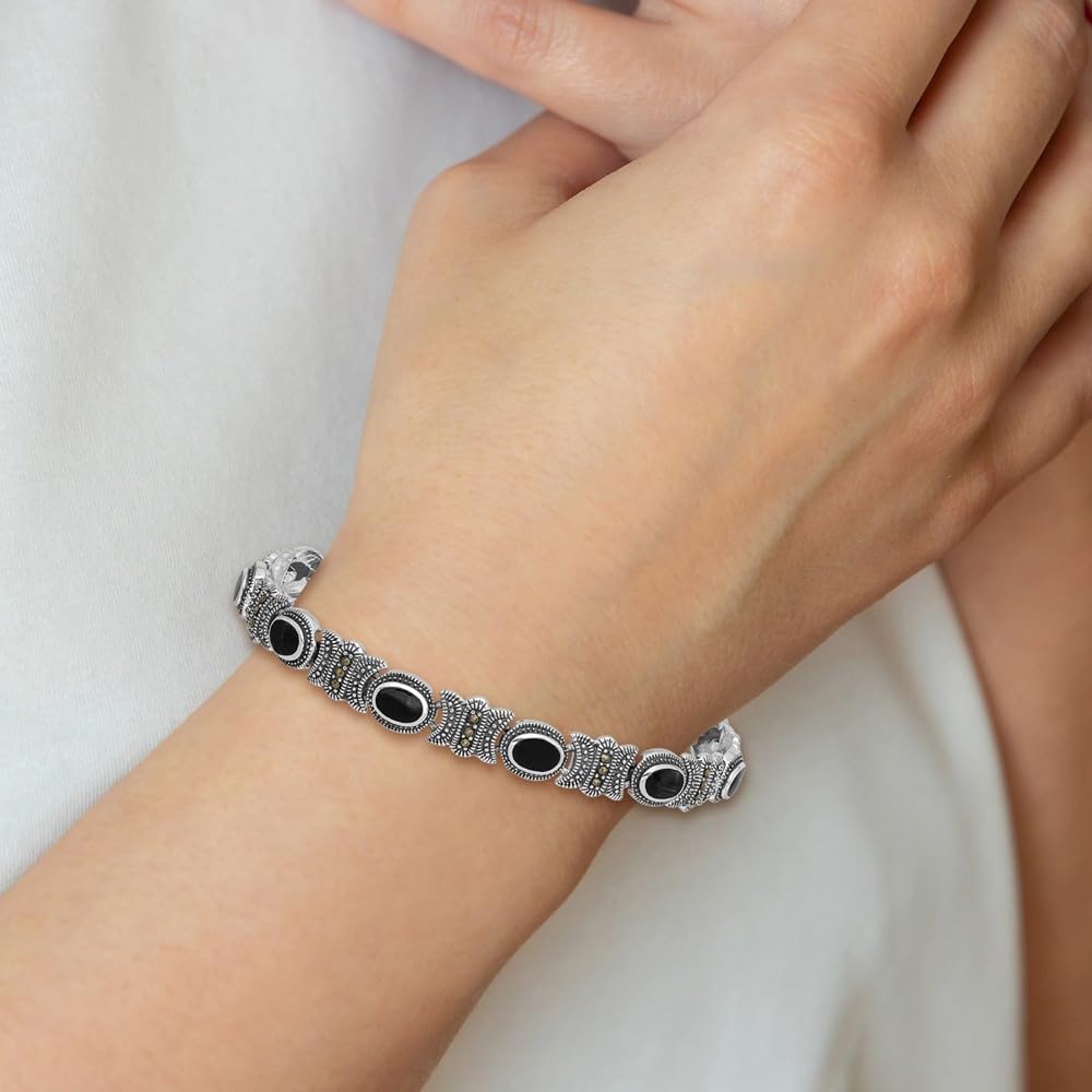 925 Sterling Silver Marcasite and Onyx Bracelet for Women - Elegant Fine Jewelry Gift for Her, 7.25 Inch Adjustable - Perfect for Parties, Weddings & Special Occasions