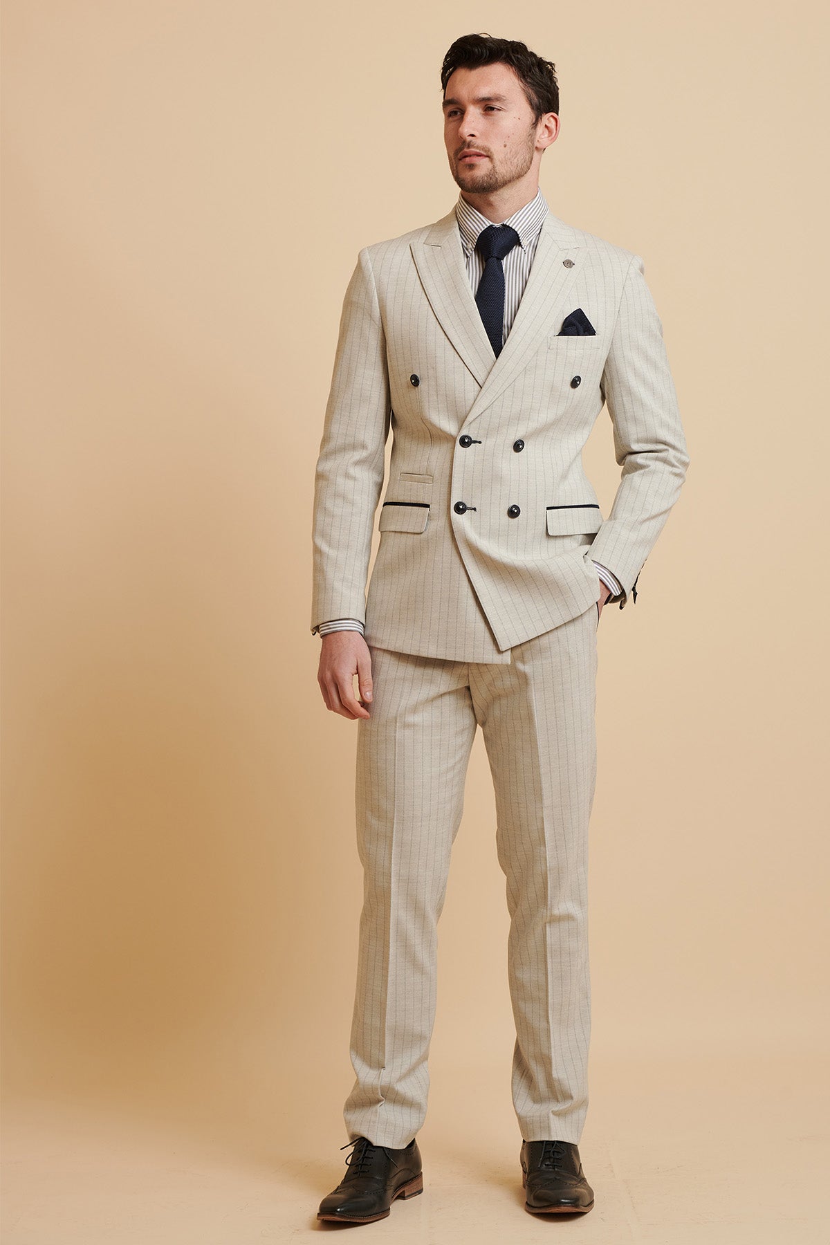 Everton FC Beto Grant Stone Pinstripe Double Breasted Suit for Men | Premium Wool Business Attire | Perfect for Weddings, Office Meetings & Formal Events