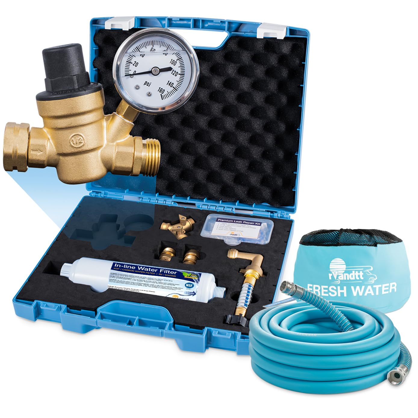 RV Fresh Water Kit with Drinking Hose - 35ft RV Water Pressure Regulator, Filter, Hose Connectors & Leak Repair Kit | Portable Carrying Case | Perfect for RV Camping, Boondocking & Outdoor Adventures
