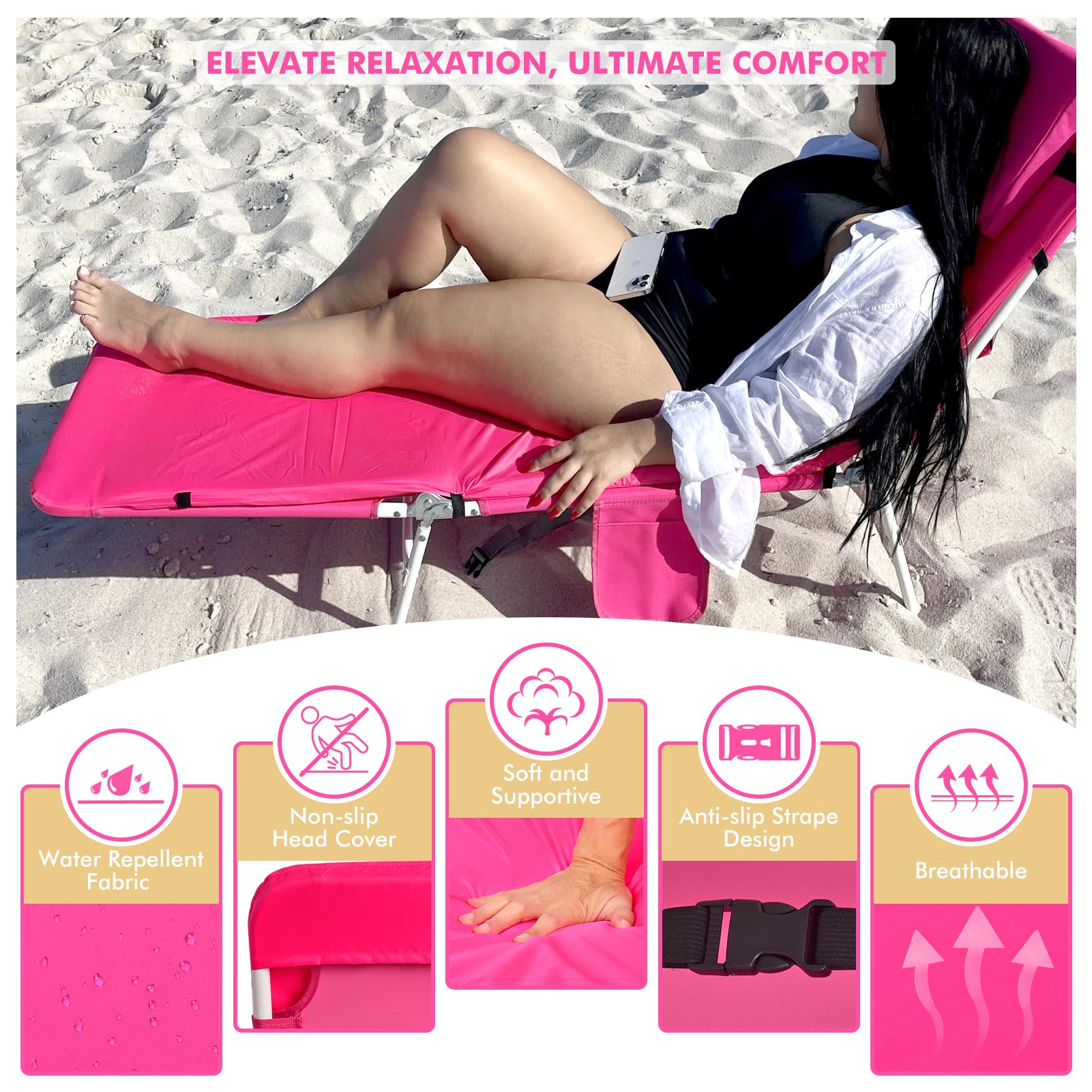 **3 in 1 Women's Comfort Backpack Tanning Beach Lounge Chair with Face Hole Cushion - Folding 6-Position Reclining Face Down Chair for Sunbathing, Reading & Poolside Relaxation - Pink (2 Pack) - Perfect for Beach, Backyard & Travel**