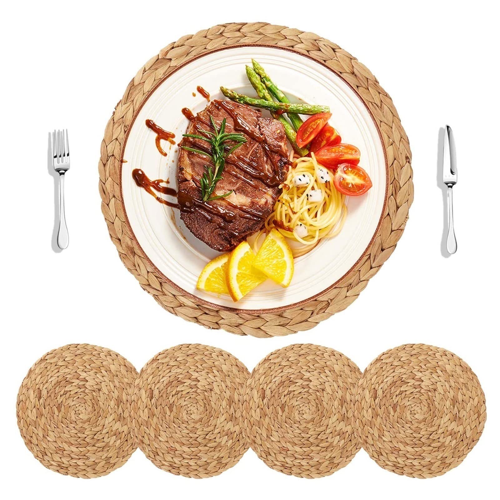 BZGKNUL Set of 4 Large Round Woven Placemats - Natural Wicker & Water Hyacinth Straw Braided, Heat Resistant Handmade Dining Table Mats (30cm) - Perfect for Farmhouse, Boho, and Coastal Home Decor