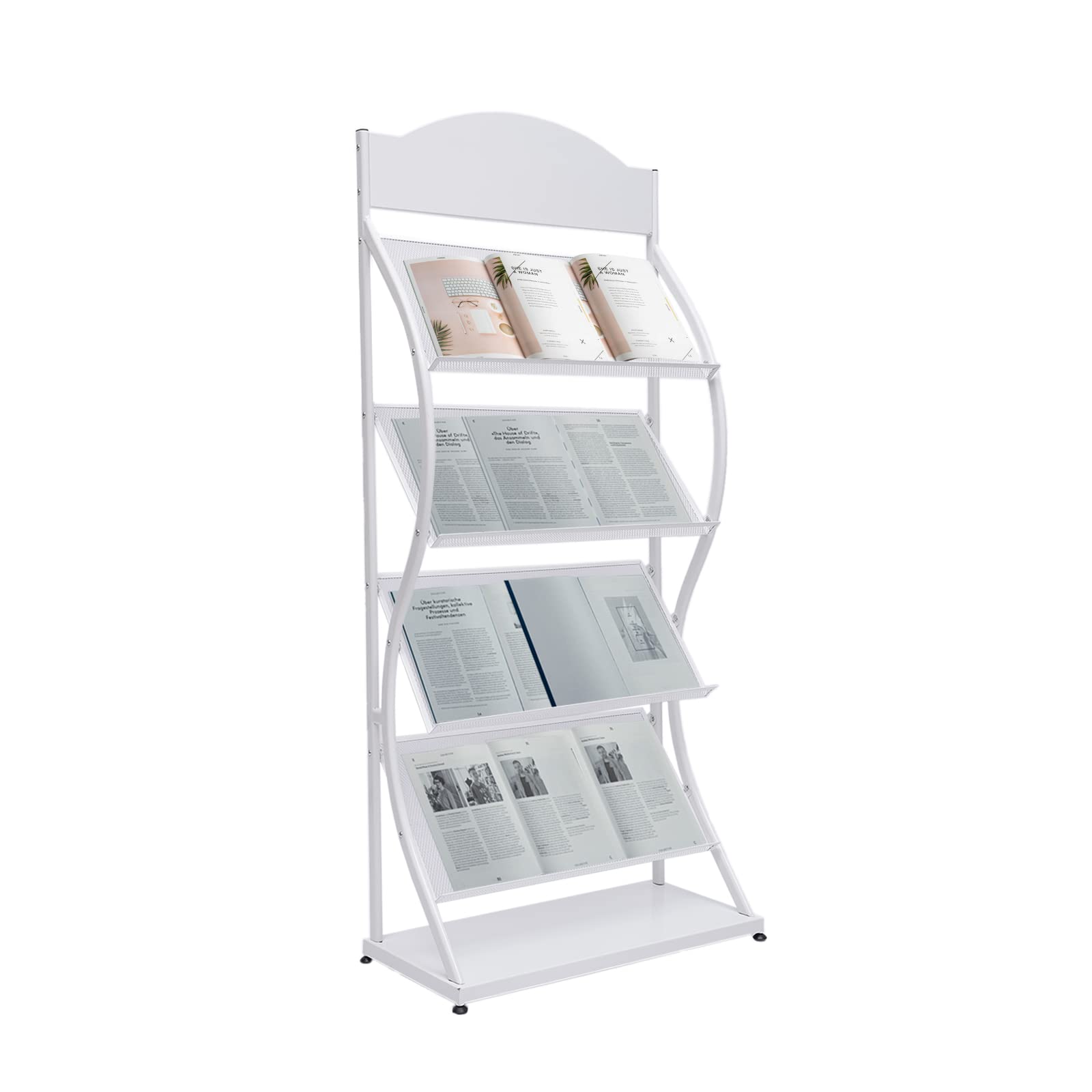 4-Tier Floor Standing Magazine Rack - Large Capacity Newspaper Holder for Books, Periodicals & Mail - White - Perfect for Living Room, Office & Library Organization