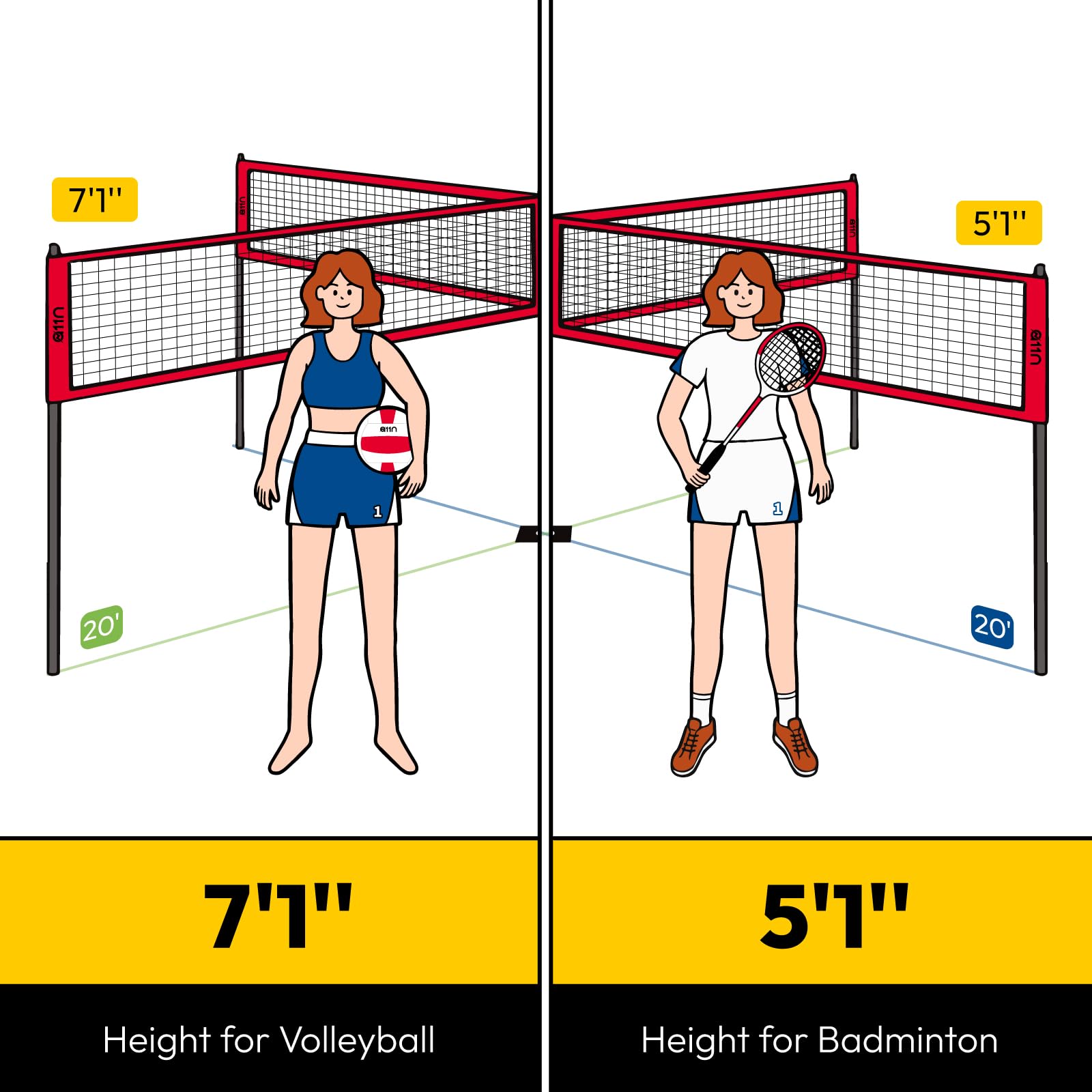 A11N 4-Way Volleyball and Badminton Net Set - Adjustable Height for Backyard, Beach, Park & Outdoor Sports - Perfect for Adults & Kids (Red & Yellow) - Great for Family Gatherings, Picnics, and Summer Games