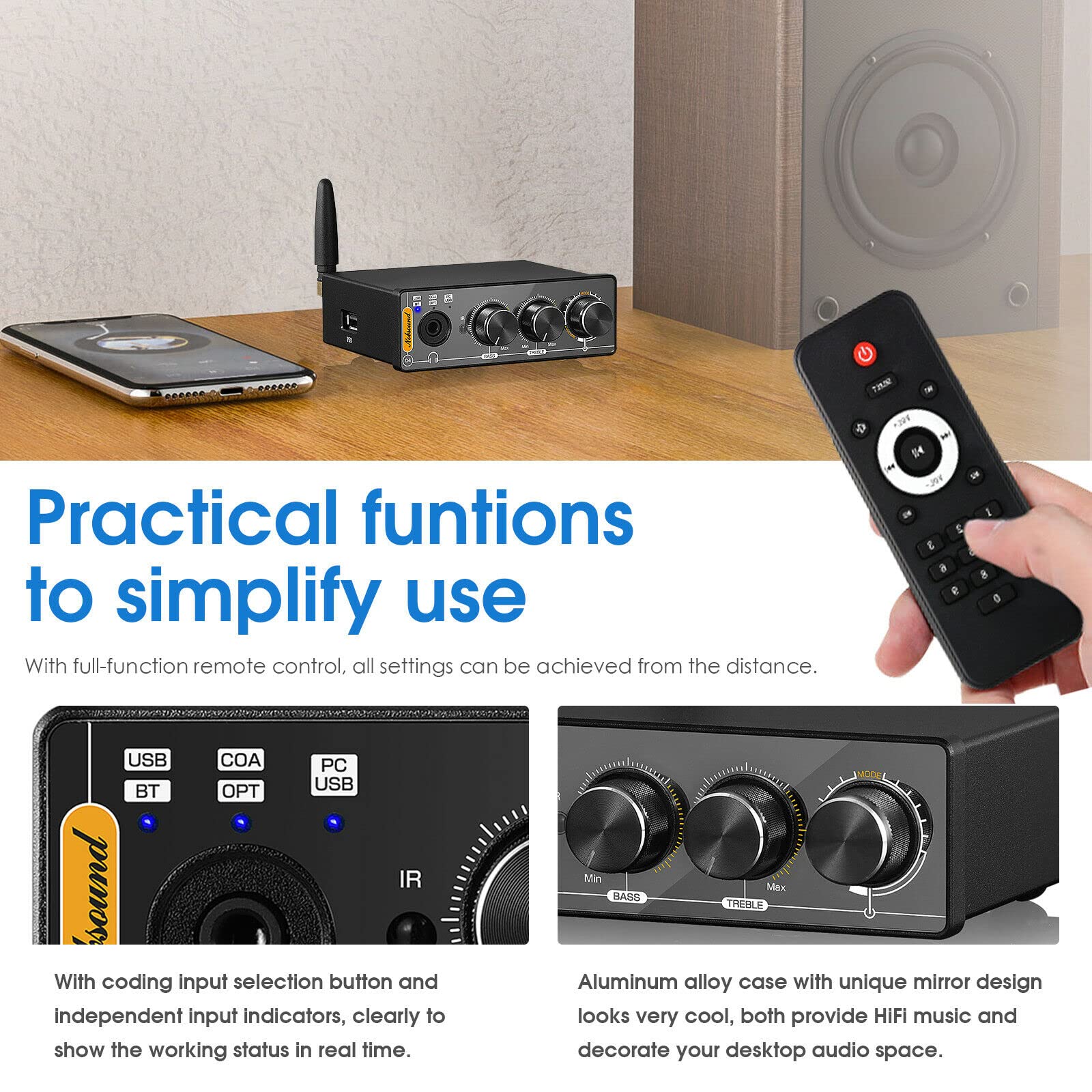 Nobsound Q4 DAC Bluetooth 5.0 Headphone Amp - Hi-Fi Audio Converter for PC/USB/Coaxial/Optical to RCA - Home Studio & Gaming