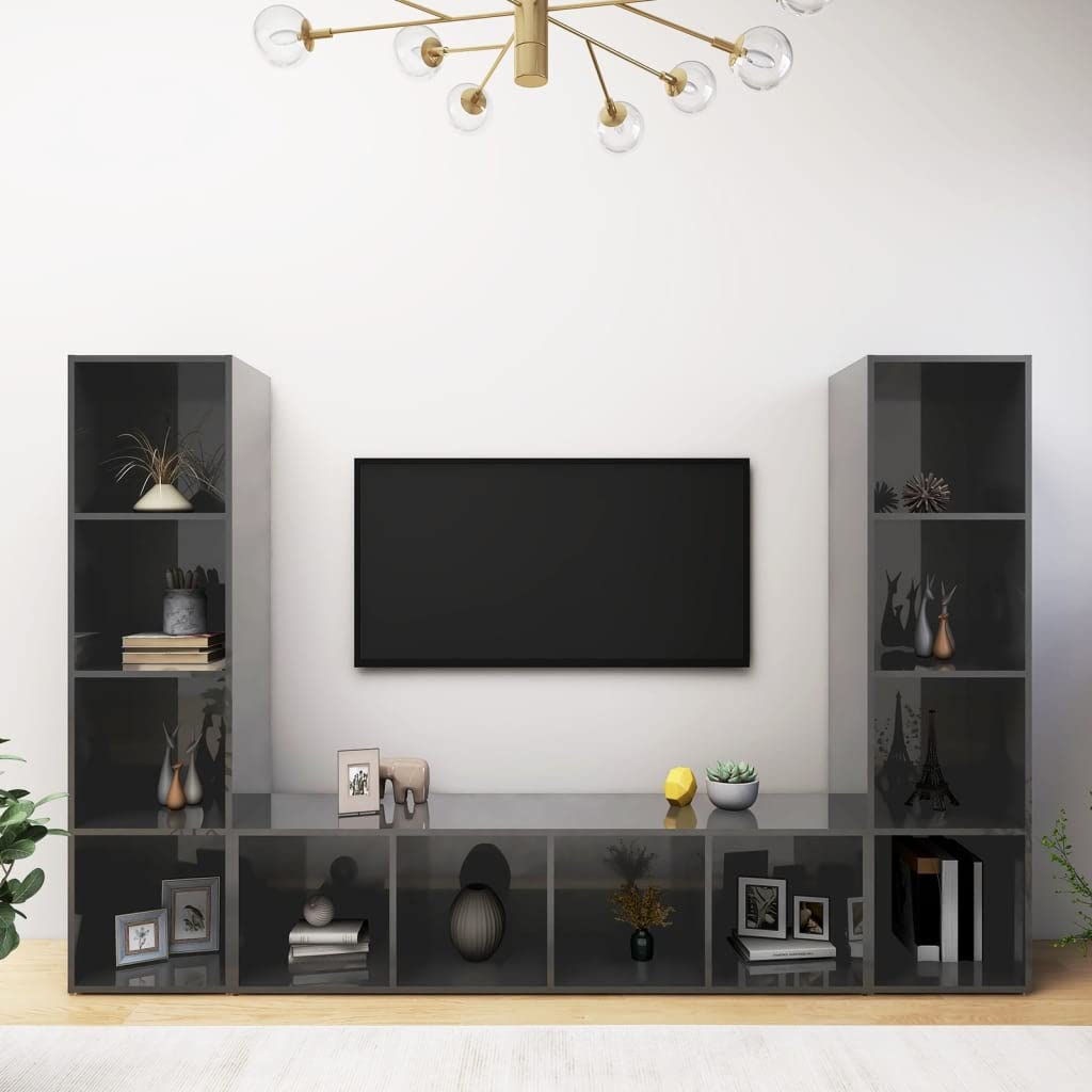 Modern TV Stand Entertainment Center - 3-Piece High Gloss Gray TV Cabinet with Storage, 56.1