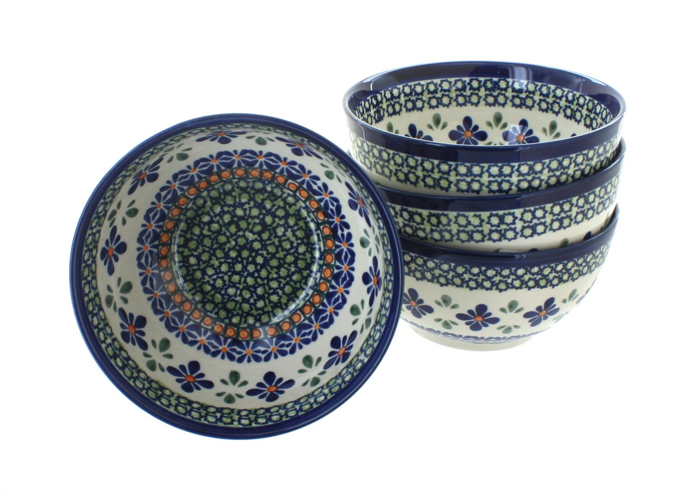 Blue Rose Polish Pottery Mosaic Flower 4-Piece Dessert Bowl Set - Elegant Serving Bowls for Ice Cream, Fruit, Salad & Party Desserts