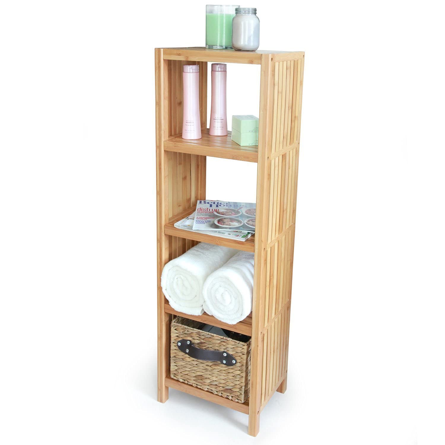 Bamboo Hamper with Dual Compartments & 5-Tier Freestanding Bathroom Organizer Shelf - ToiletTree Premium Bamboo Storage Bundle for Laundry, Towels & Bath Essentials | Space-Saving Bathroom Organization Solution