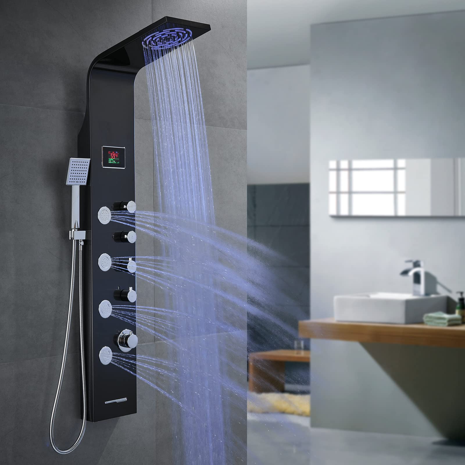 ROVATE Rainfall Waterfall Shower Panel Tower System with LED Lights - No Battery Needed, Multi-Function Shower Tower with Rain Massage, Body Jets, Handheld Shower Wand & Tub Spout - Black - Perfect for Spa-Like Bathroom Upgrades & Luxury Shower Experience