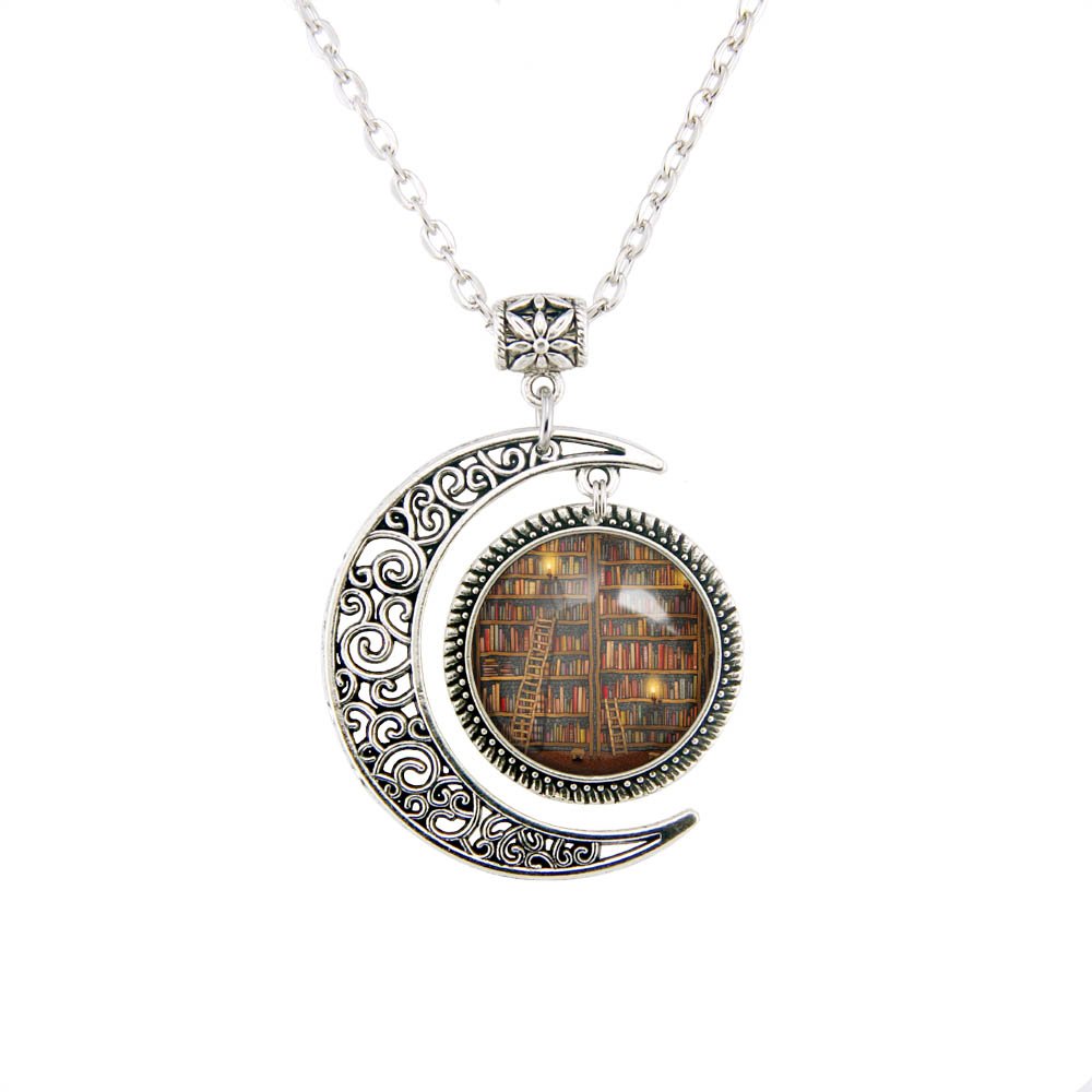 Vintage Moon and Books Pendant Necklace for Women - Book Lover Jewelry Gift - Perfect for Reading, Library Visits and Literary Events
