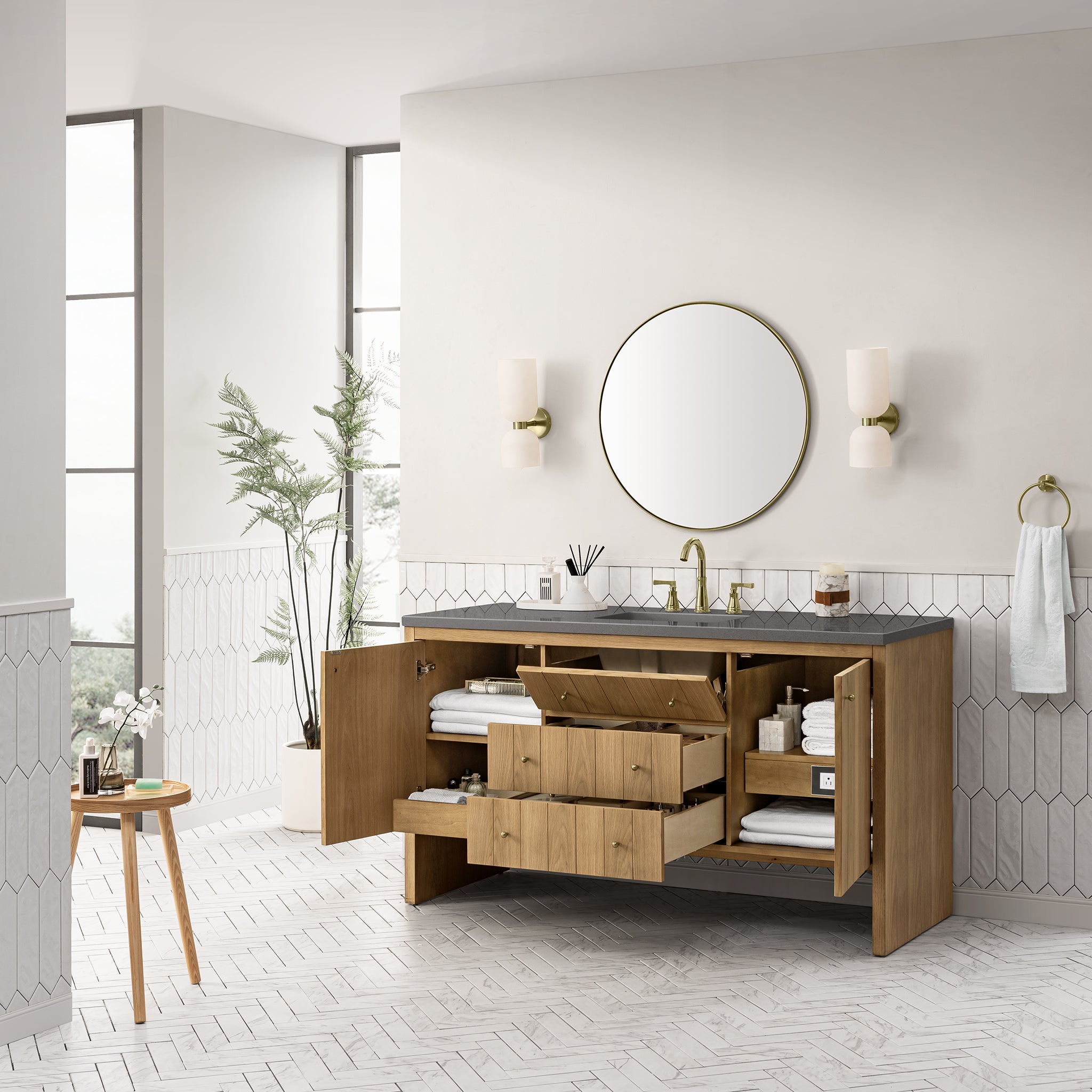 Hudson 60 Inch Single Bathroom Vanity with Light Natural Oak Finish and 3CM Grey Expo Top - Perfect for Modern Bathroom Renovations and Home Upgrades