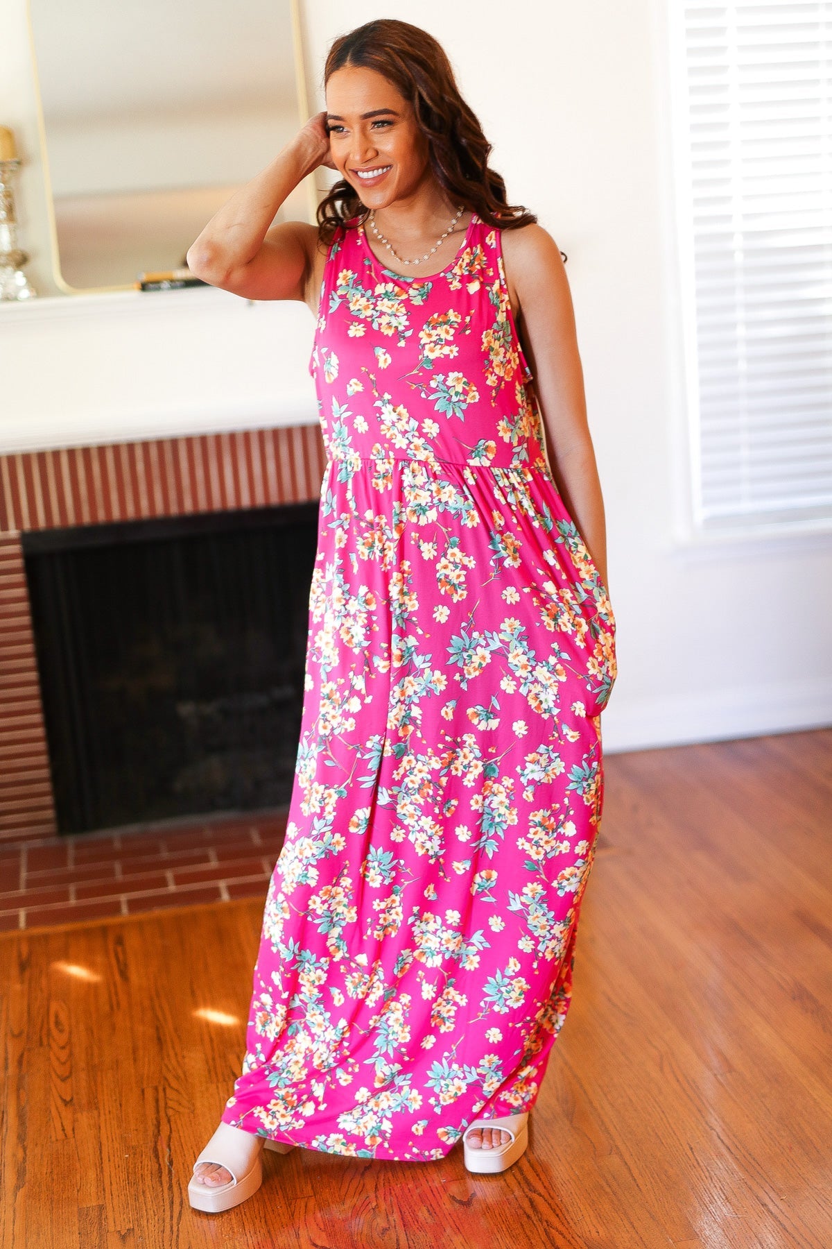 Elegant Pink Floral Print Fit and Flare Sleeveless Maxi Dress for Women | Summer Beach Wedding Party Dress | Perfect for Vacations, Date Nights & Special Occasions