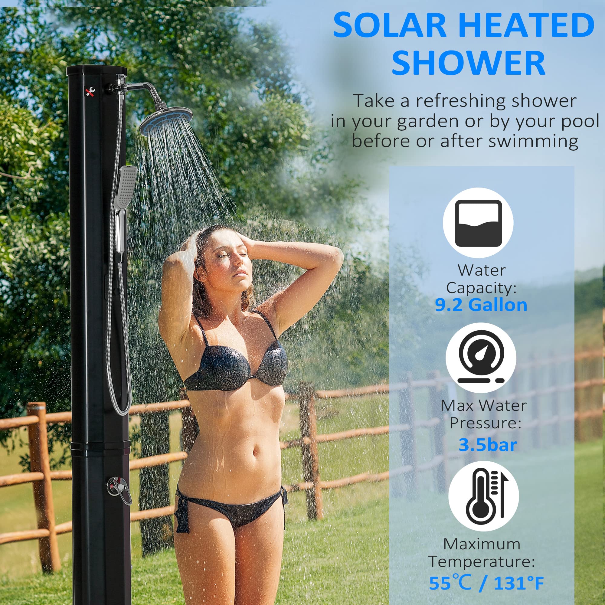 Outsunny 7ft Solar Outdoor Shower with 360° Rotating Rainfall & Handheld Spray - Adjustable Temperature & Pressure - 9.2 Gallon Capacity for Backyard, Pool, Beach, Camping & RV Use