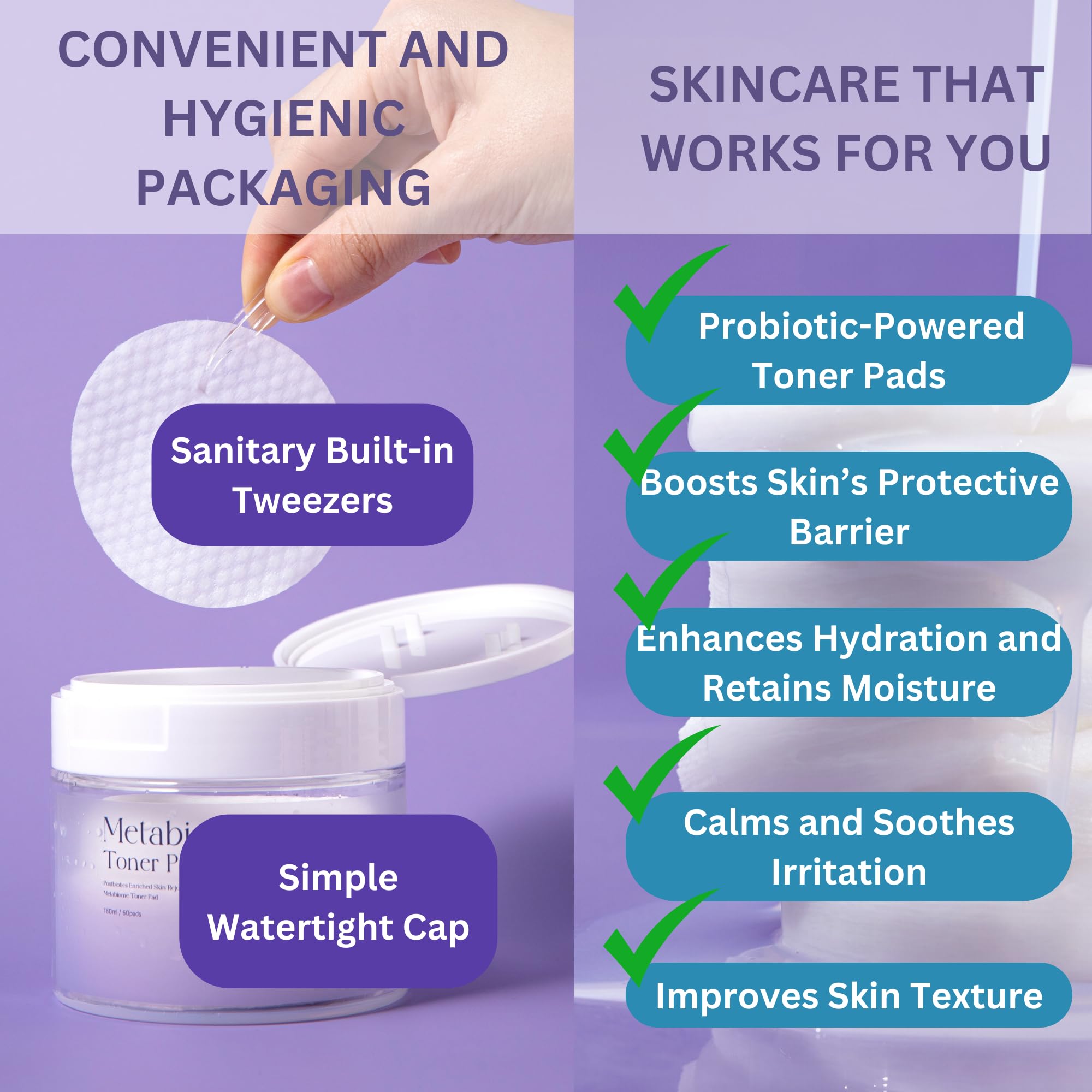 Metabiome Korean Toner Pads for Clear Skin - Soothing Exfoliating Cotton Pads with Tea Tree, Vitamin C & Collagen - Brightening Facial Treatment for Dry Skin & Blemishes - Perfect for Daily Skincare Routine & Travel