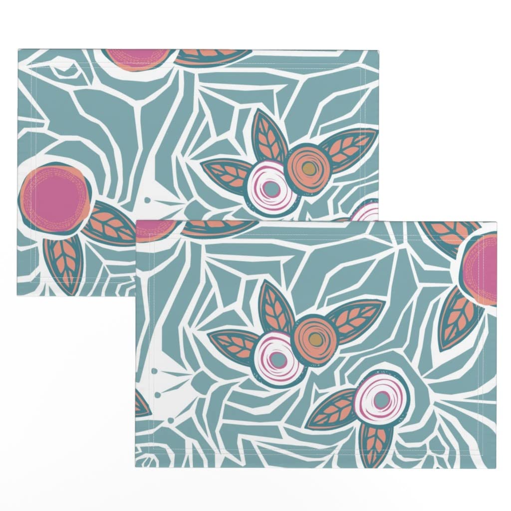 Modern Teal Pink Abstract Floral Printed Linen Cotton Canvas Placemats (Set of 2) - Washable & Durable Table Mats for Dining, Kitchen Decor, and Party Table Setting