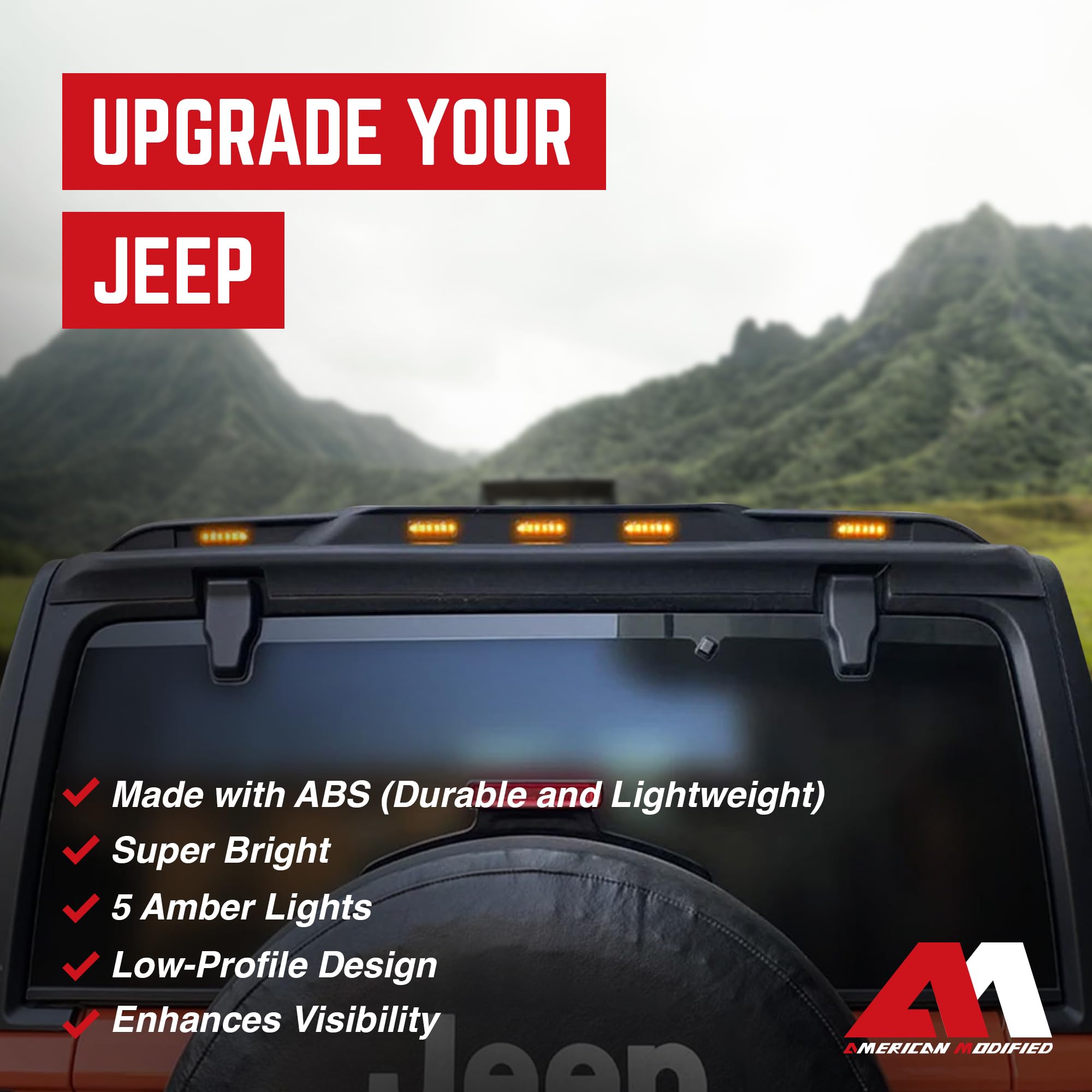 2018-2024 Jeep Wrangler JL Black Rear Roof Spoiler with Amber LED Lights | Aerodynamic Upgrade for Off-Road & Street Driving