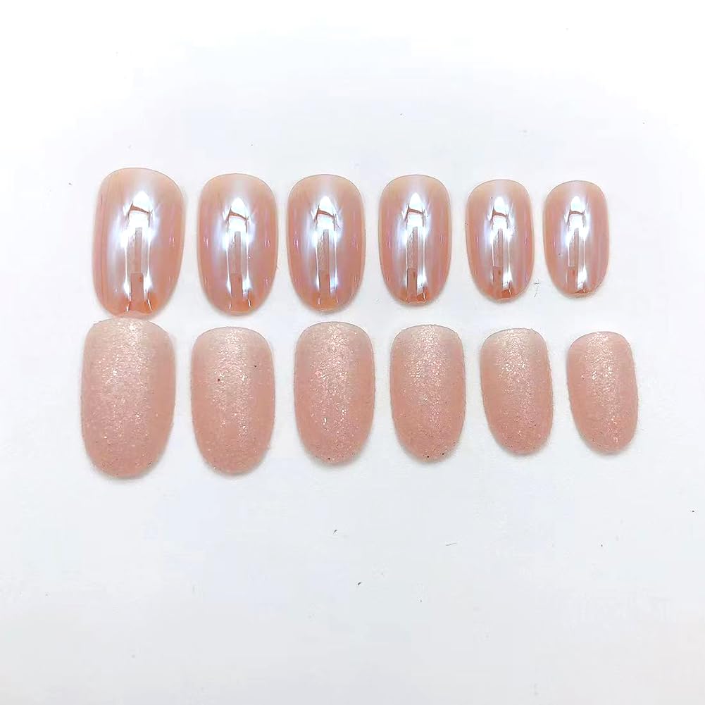 24Pcs Short Round Almond Press on Nails - Chrome Gloss Fake Nails with Glitter Powder Designs, Acrylic Artificial Stick on Nails for Women | Perfect for Parties, Weddings & Everyday Wear