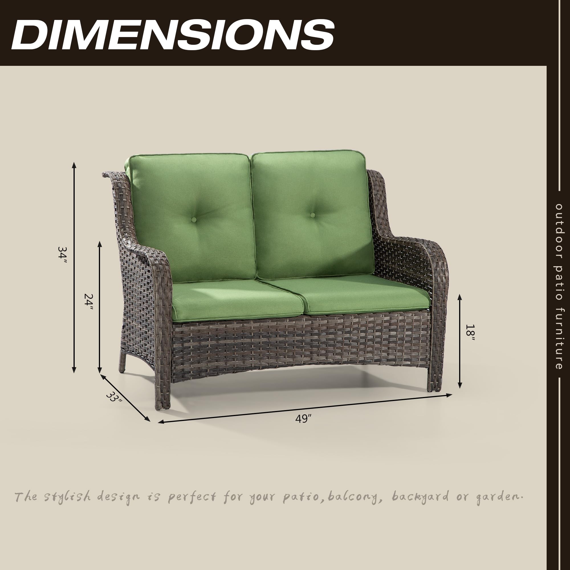 Wicker Patio Loveseat - 2-Seat Outdoor Couch with Deep Seating, High Back, Steel Frame & Cushion (Green) - Perfect for Garden, Balcony or Poolside Relaxation