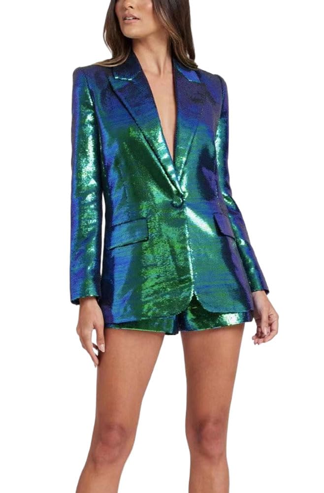 Women's Sparkly Sequins Blazer & Shorts Suit Set - 2 Piece Single Breasted Glitter Suit with Notch Lapel for Prom, Party & Special Occasions - Perfect for Night Out, Club Events & Formal Gatherings