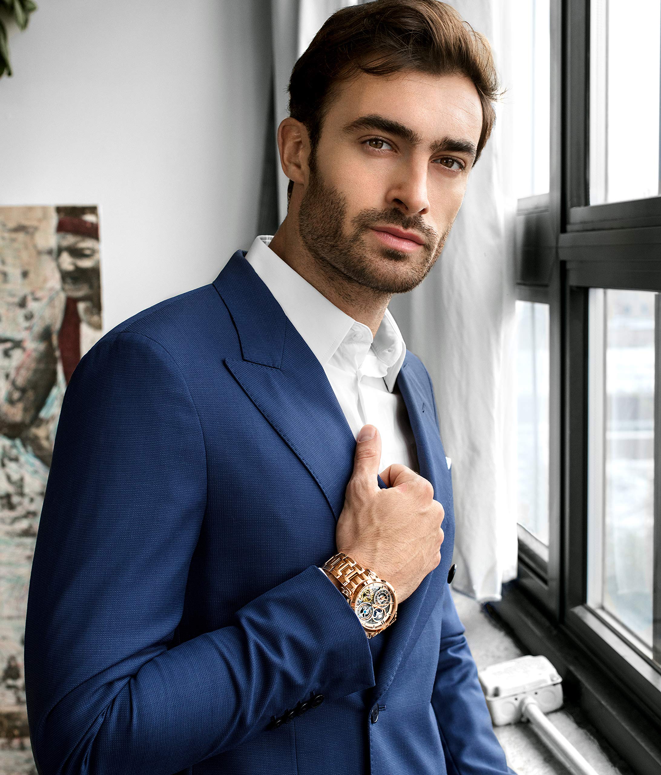 Stührling Original Men's Automatic Watch - Stainless Steel, Silver Skeleton Dial, Dual Time, AM/PM Sun Moon Display, with Steel Bracelet - 371B Series | Perfect for Business, Formal Occasions & Watch Collectors