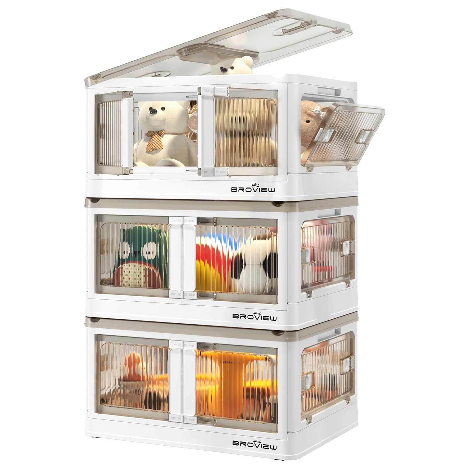 V5 25 Gallon Plastic Storage Bins with Lids - 3 Pack Stackable Collapsible Storage Containers for Closet Organization, Folding Drawers with Wheels & Doors - Perfect for Home, Office, Garage & Closet Storage (White)