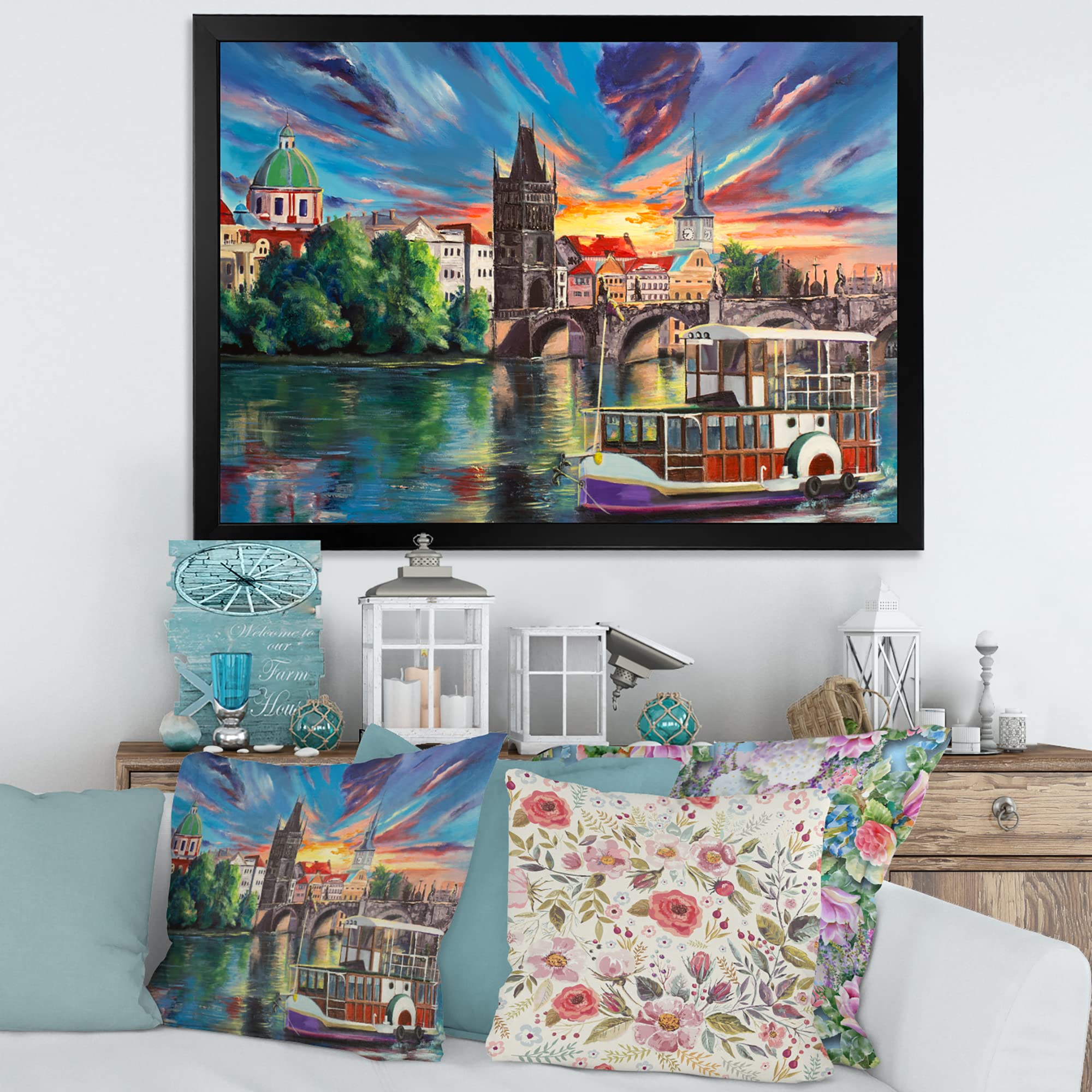 DesignQ Framed Wall Art - Sunset Cityview of Prague Children's Painting | Kids Room Decor, Nursery Wall Art, Unique Gift for Art Lovers