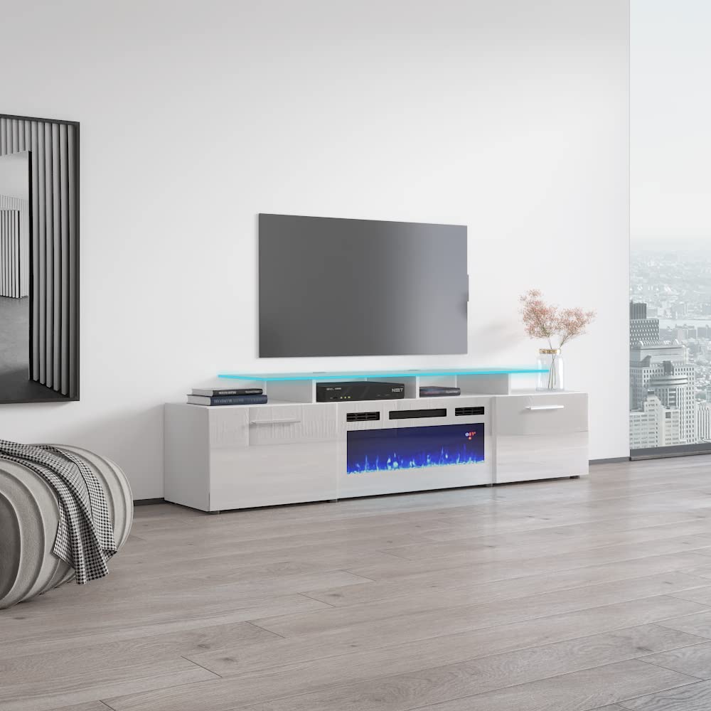 Modern High Gloss Fireplace TV Stand with Storage Cabinets & 16-Color LED Lights - Rova WH-EF Entertainment Center Console Table (White/Black) - Perfect for Living Room, Bedroom & Home Theater Setup